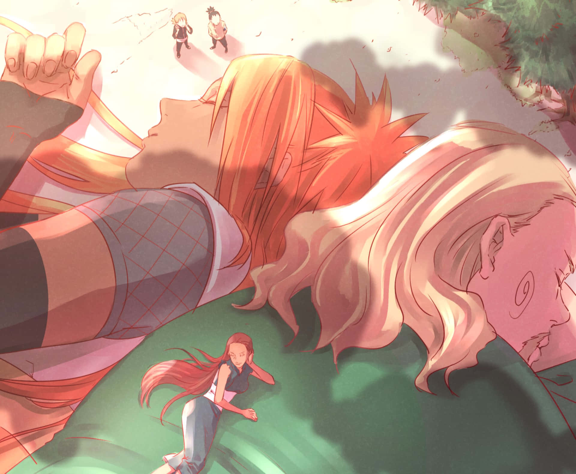 Chocho Akimichi, golden sunlight, grassy hill, Full HD Desktop Wallpaper