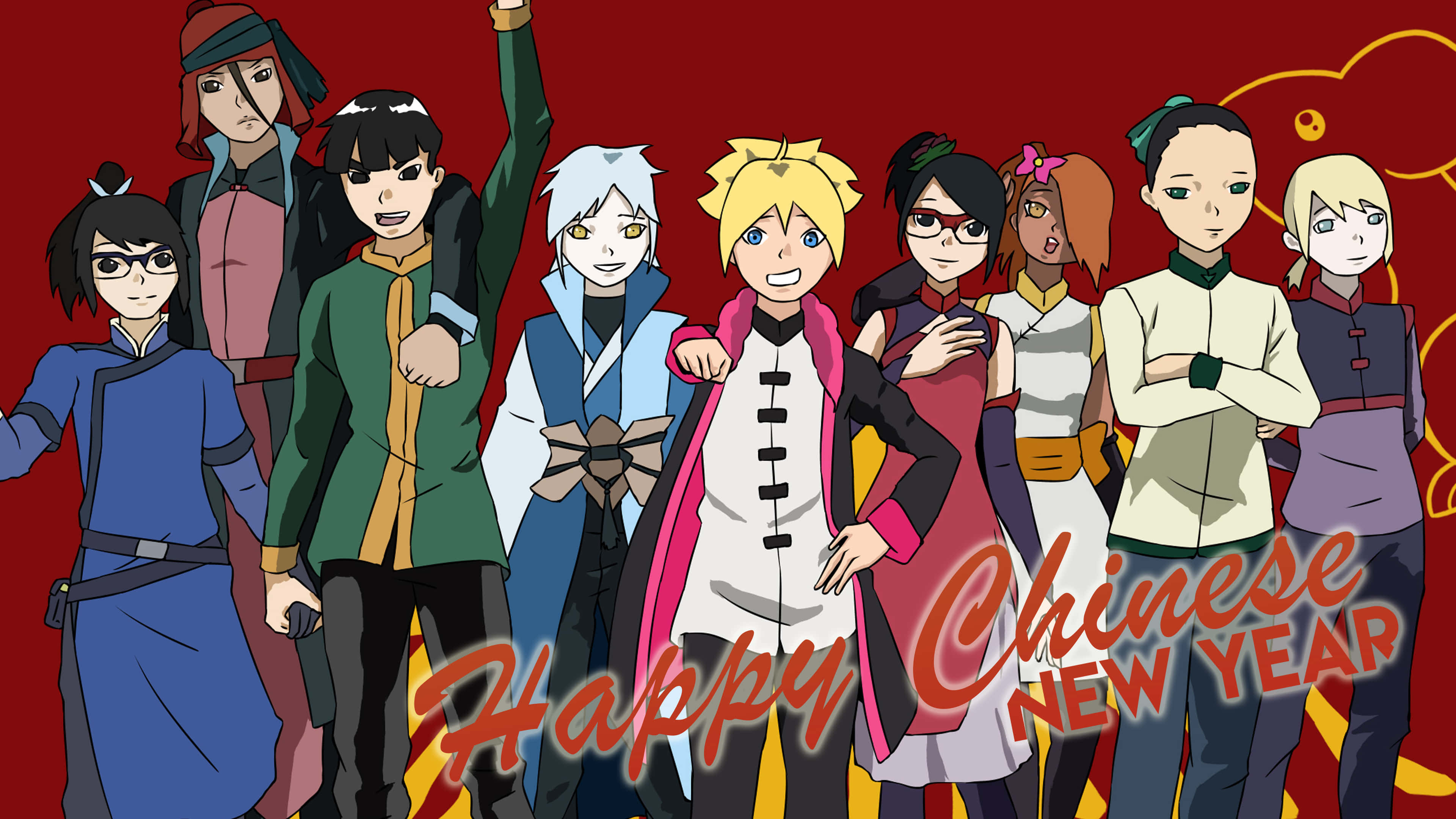 Chocho Akimichi, Happy Chinese New Year, festive red background, 4K Desktop Wallpaper