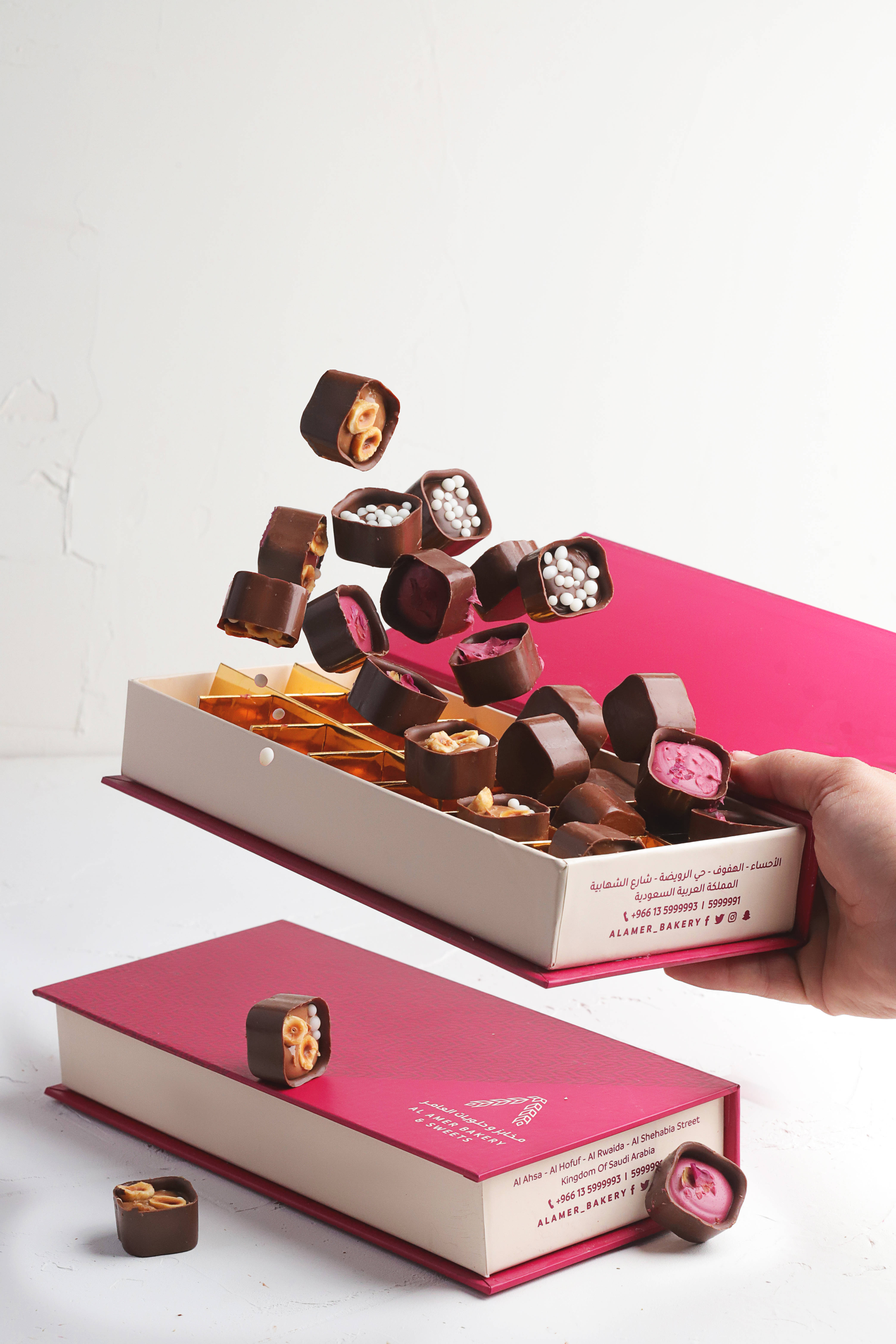 pink box, assorted chocolates, dynamic cascade, 5K Phone Wallpaper