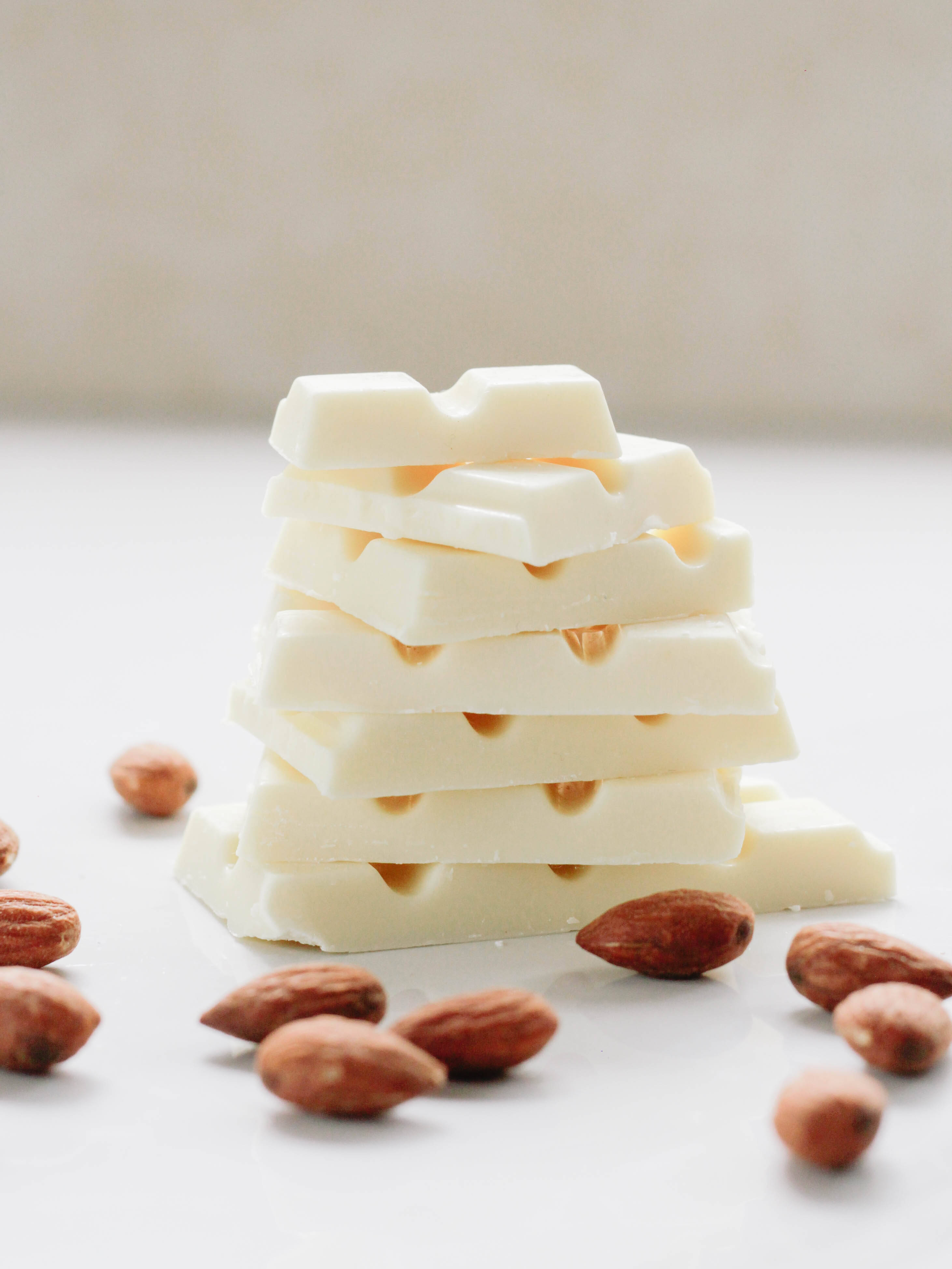 white chocolate bars, almonds, bright white surface, 4K Phone Wallpaper