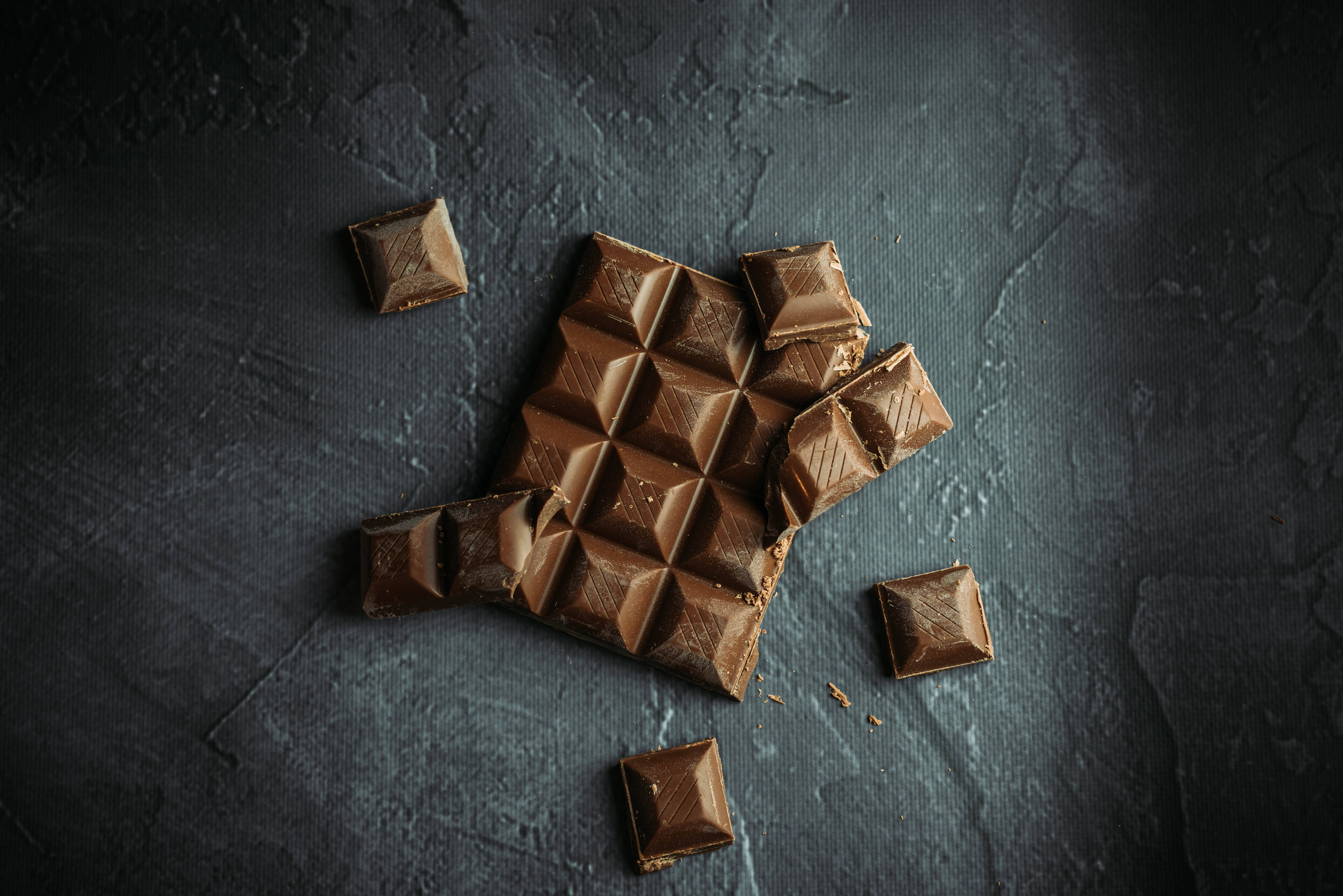 chocolate bar, chocolate squares, dark textured surface, 5K Desktop Wallpaper