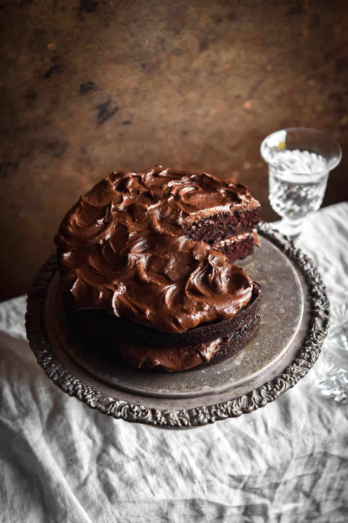 chocolate cake, glossy frosting, ornate silver platter, HD Phone Wallpaper