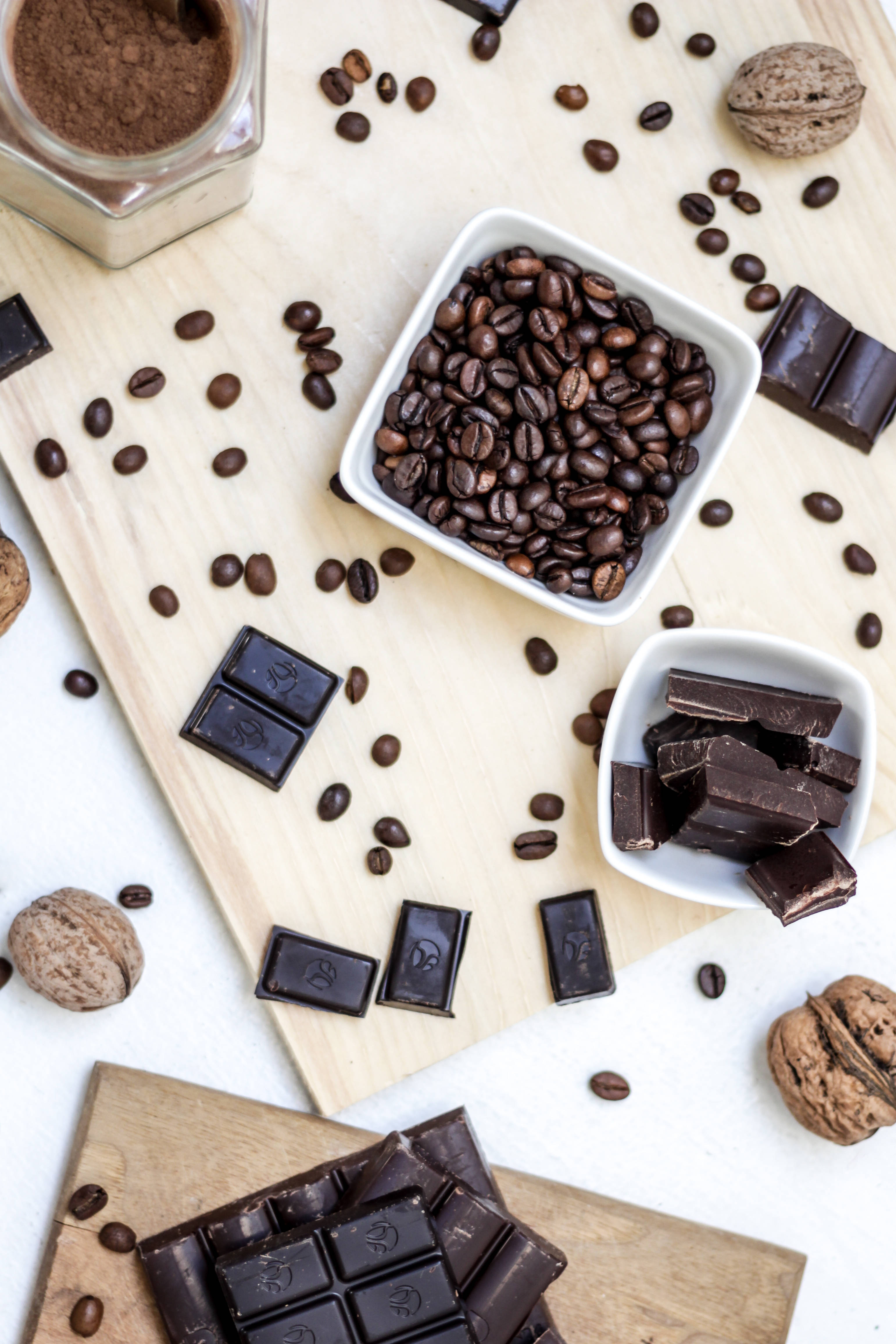dark chocolate, coffee beans, walnuts, 4K Phone Wallpaper
