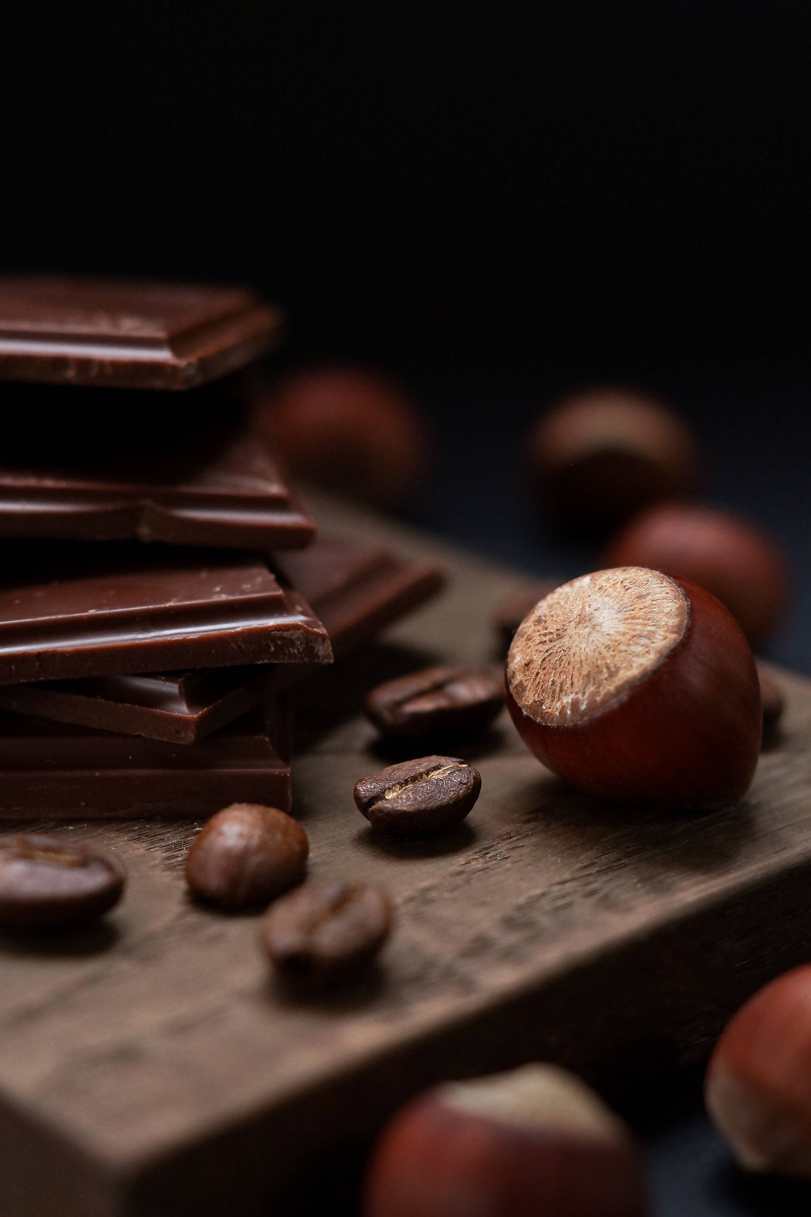dark chocolate bars, coffee beans, hazelnuts, 4K Phone Wallpaper