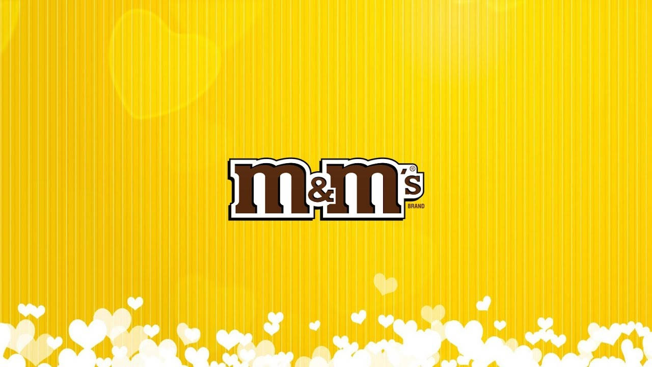 M&M's, vibrant yellow striped background, white heart bokeh, HD Desktop Wallpaper