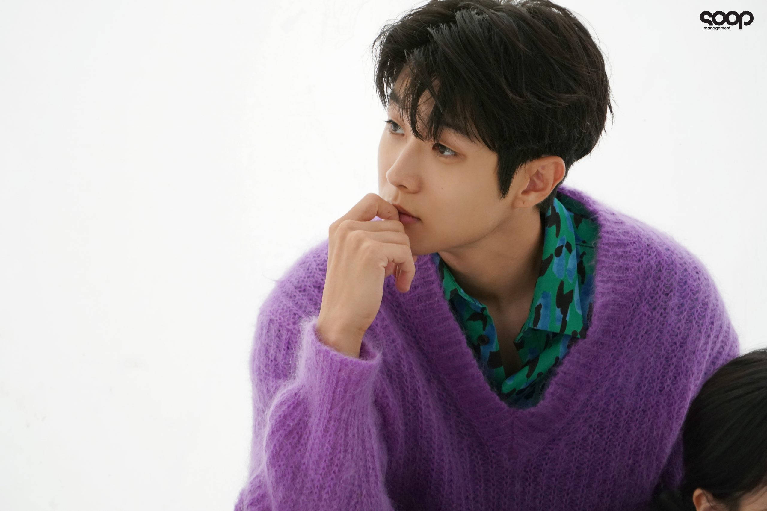Choi Woo Shik, fuzzy purple sweater, patterned shirt, 2K Desktop Wallpaper