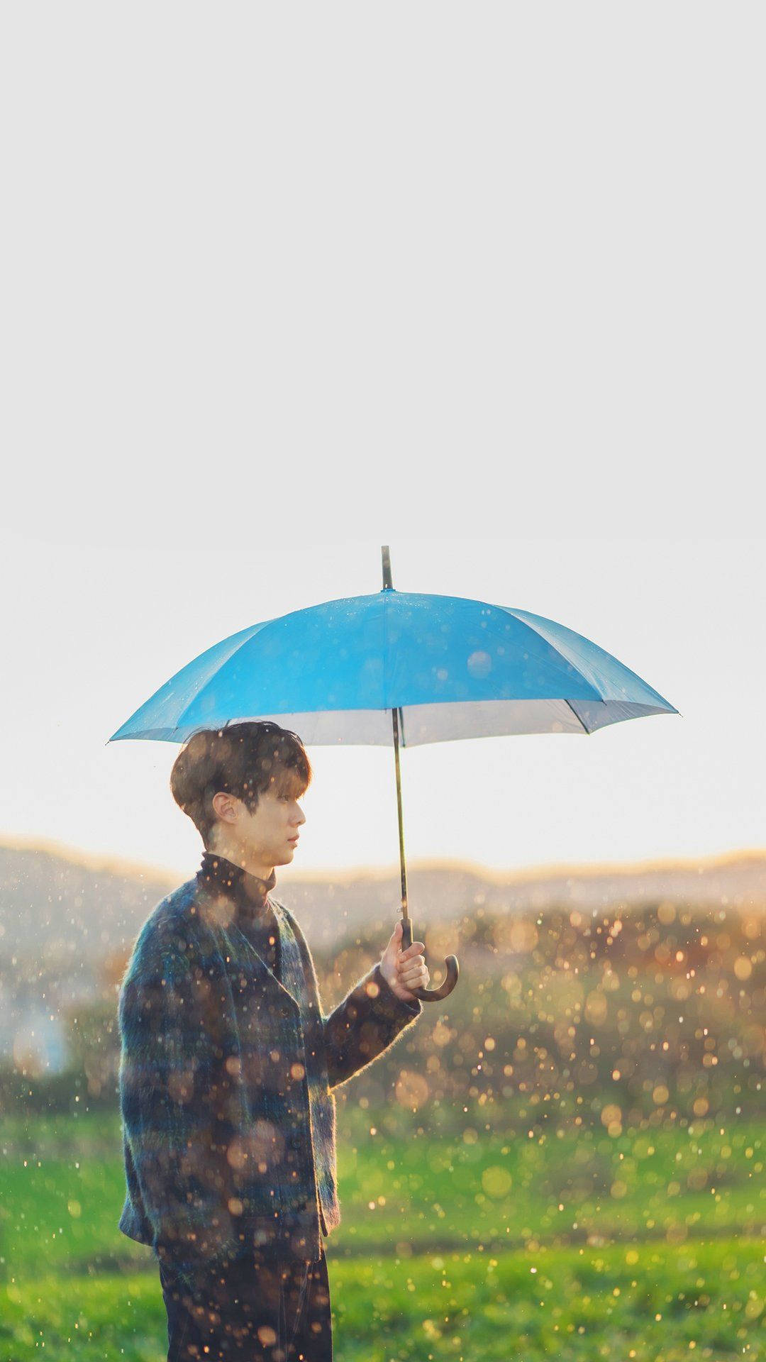 Choi Woo Shik, blue umbrella, plaid coat, Full HD Phone Wallpaper