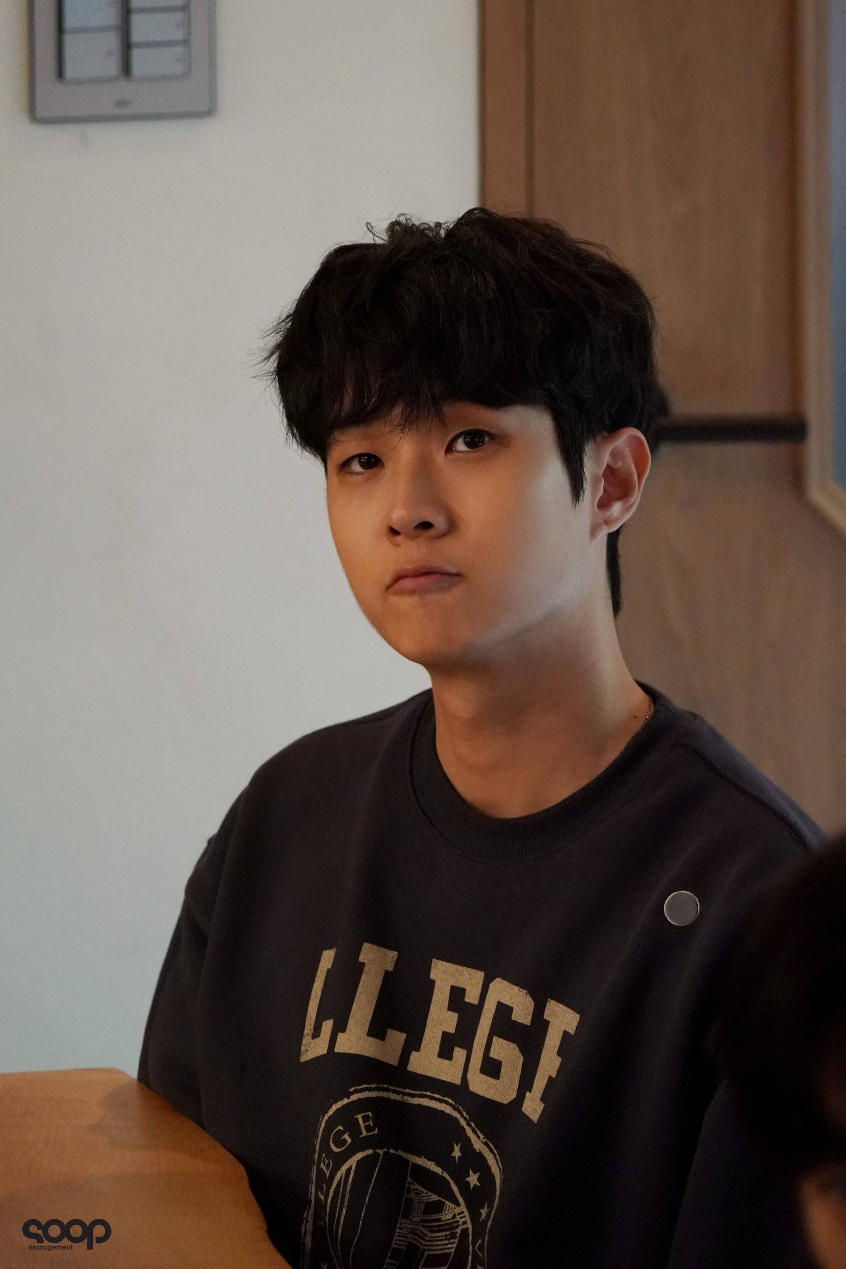 Choi Woo Shik, dark gray sweatshirt, faded gold lettering, 2K Phone Wallpaper