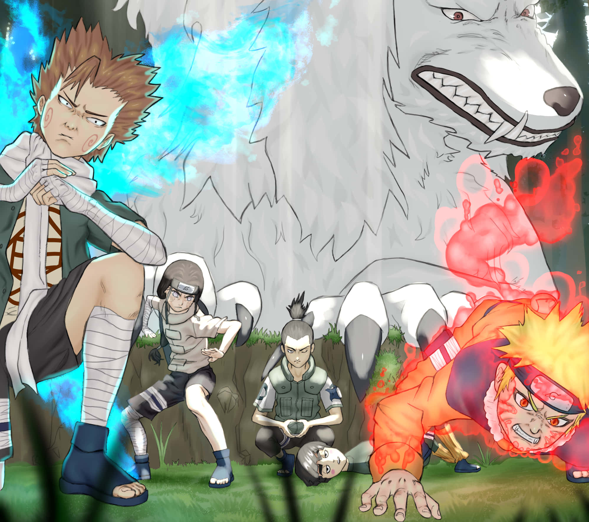 Choji, giant white wolf, glowing blue and red chakra, Full HD Desktop Wallpaper