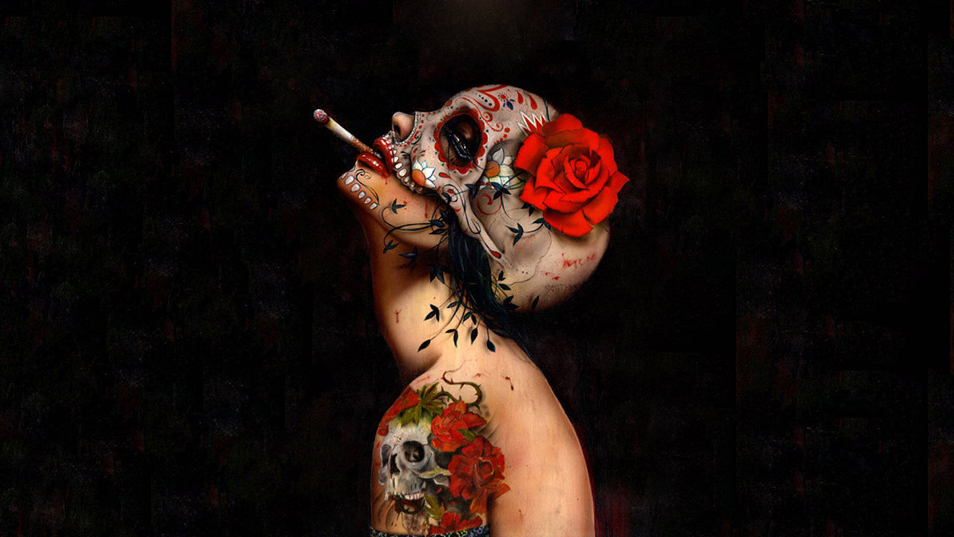 Chola Sugar Skulls, red rose, cigarette, Full HD Desktop Wallpaper