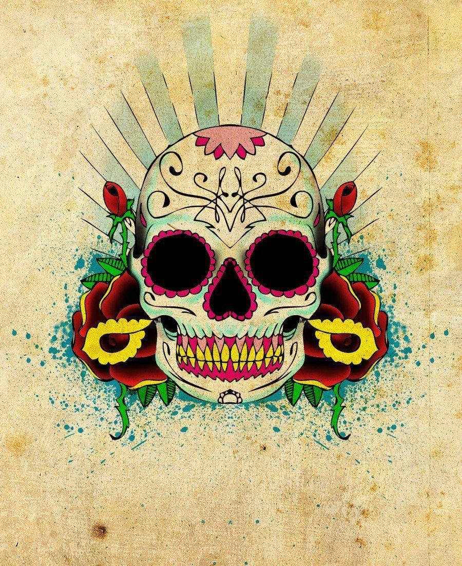 Chola Sugar Skulls, red roses, sunburst rays, SD Phone Wallpaper