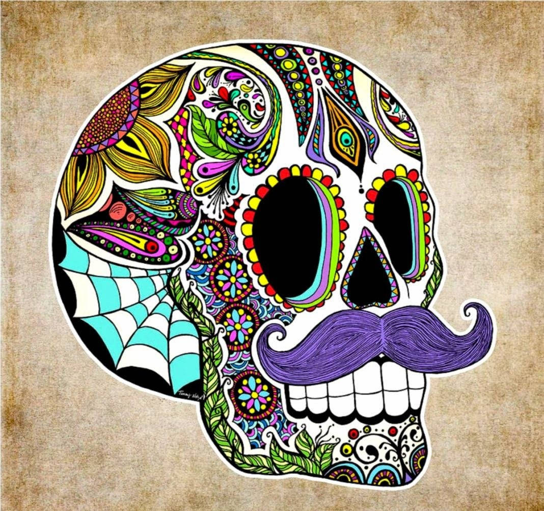 Chola Sugar Skulls, purple mustache, floral patterns, SD Desktop Wallpaper