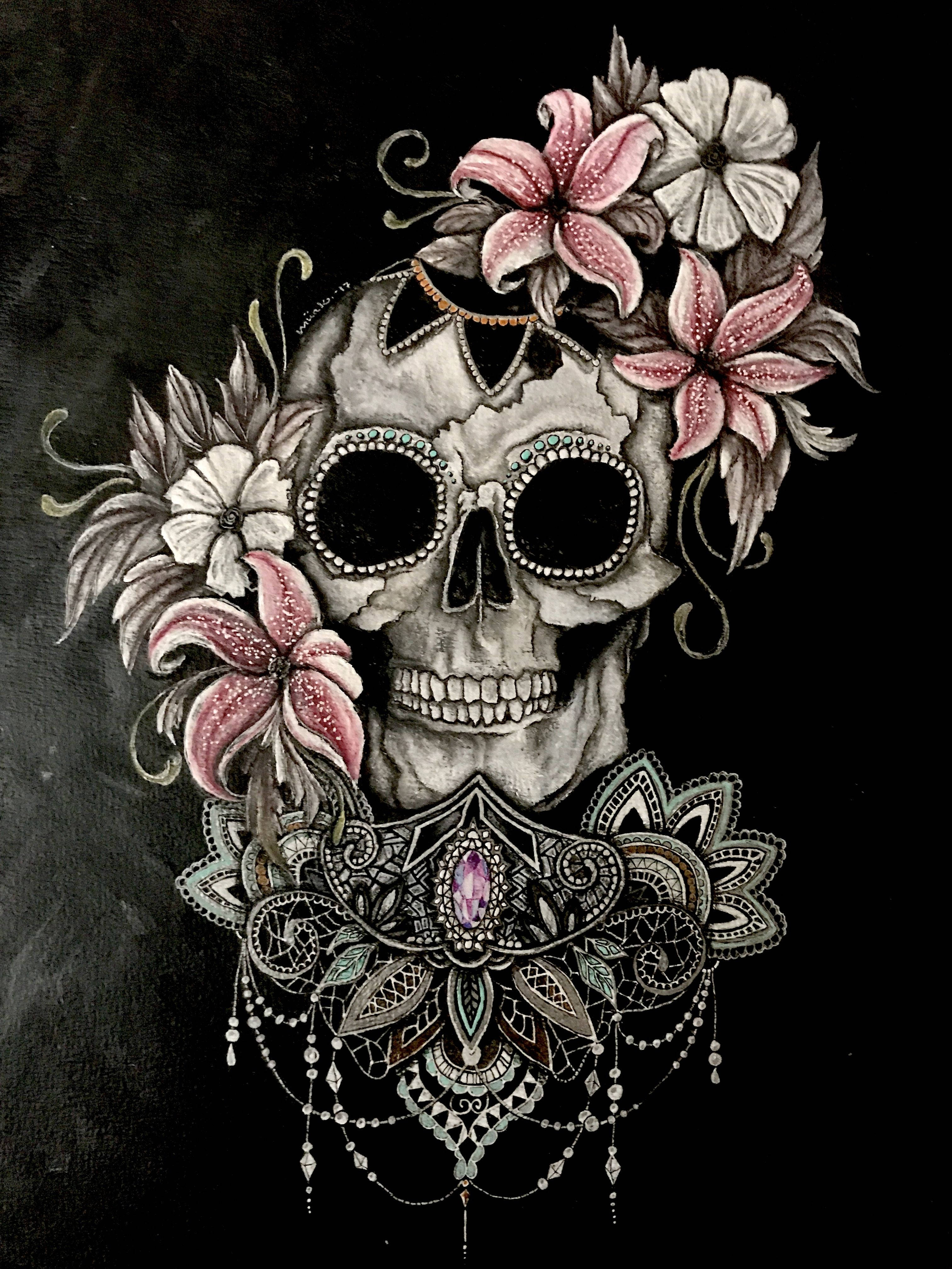 Chola Sugar Skulls, pink and white flowers, jeweled mandala necklace, 4K Phone Wallpaper