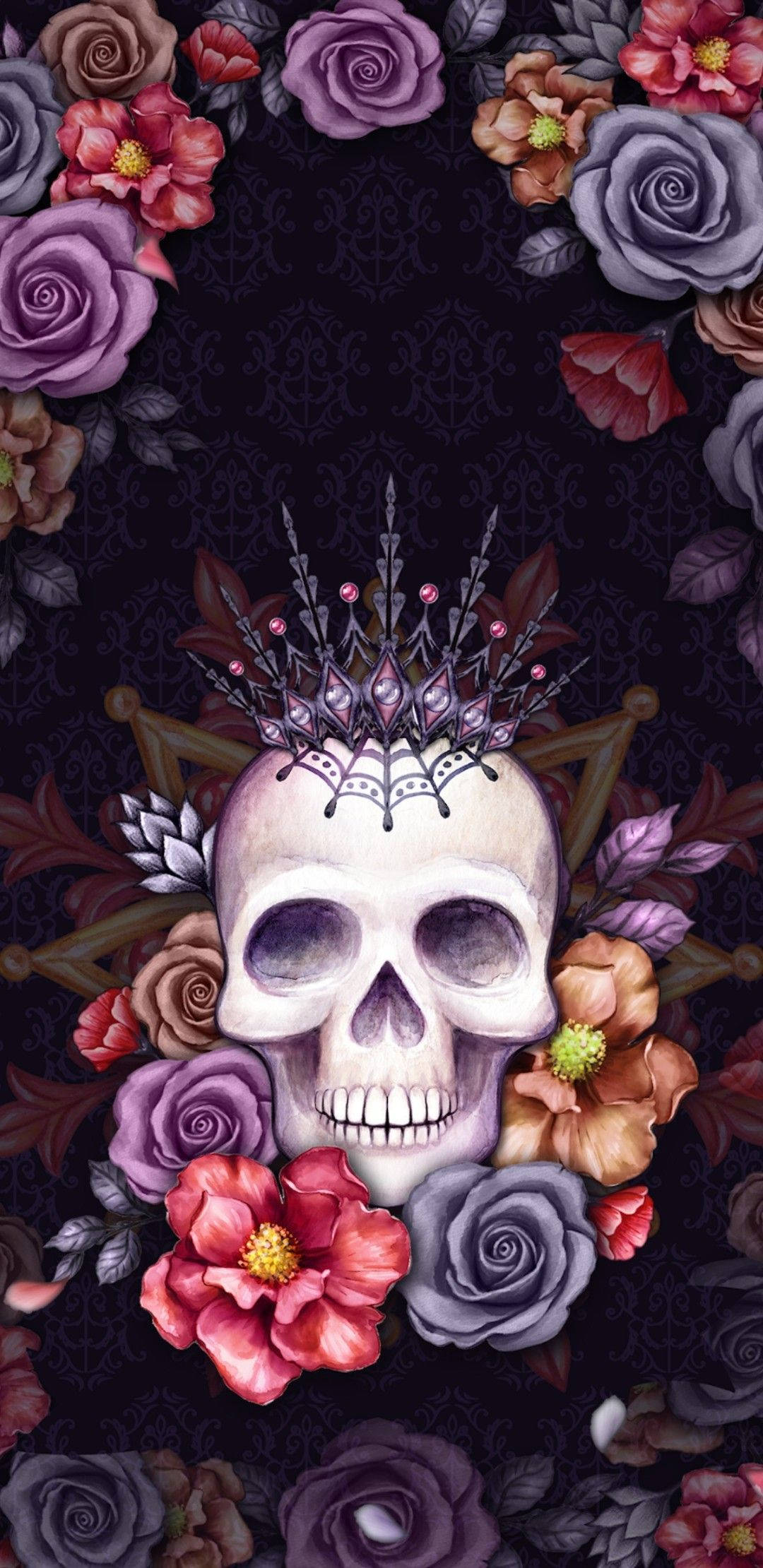 Chola Sugar Skulls, crowned skull, vibrant roses, Full HD Phone Wallpaper