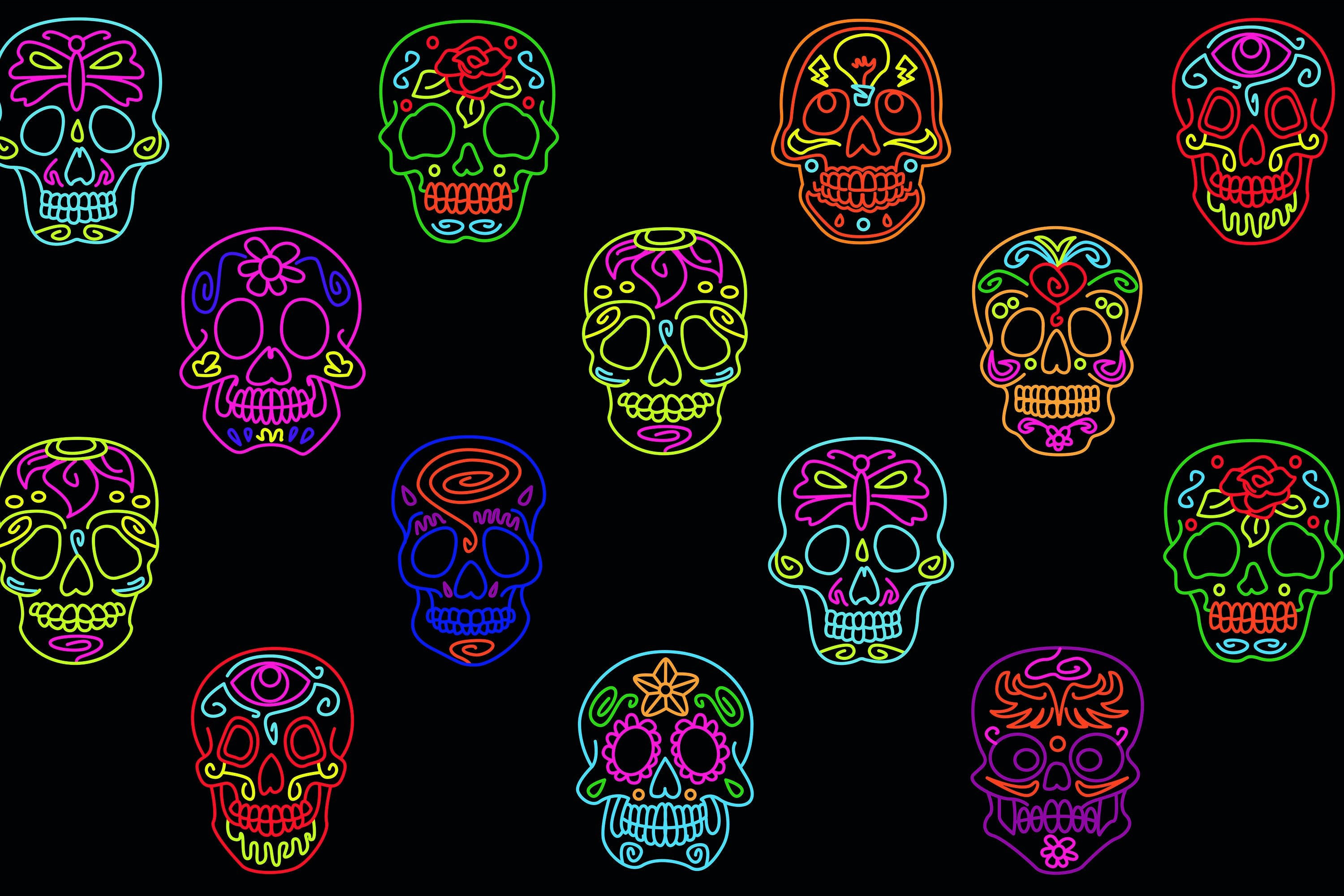 Chola Sugar Skulls, neon-colored, black background, 2K Desktop Wallpaper