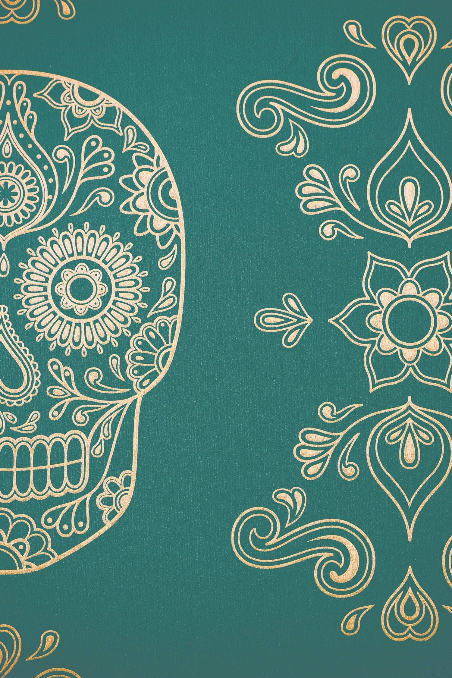 gold sugar skull, floral motifs, textured teal wallpaper, Full HD Phone Wallpaper