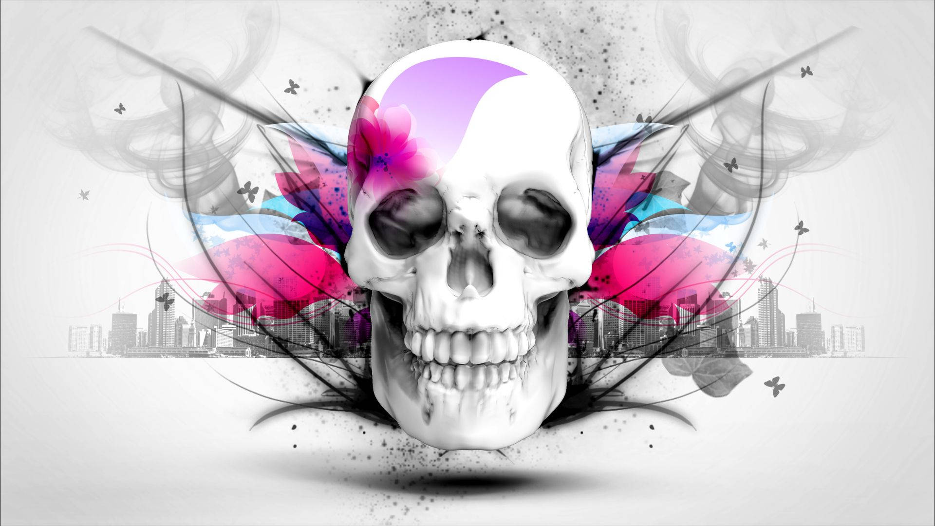 Chola Sugar Skulls, stark white skull, vibrant pink and purple floral bursts, Full HD Desktop Wallpaper