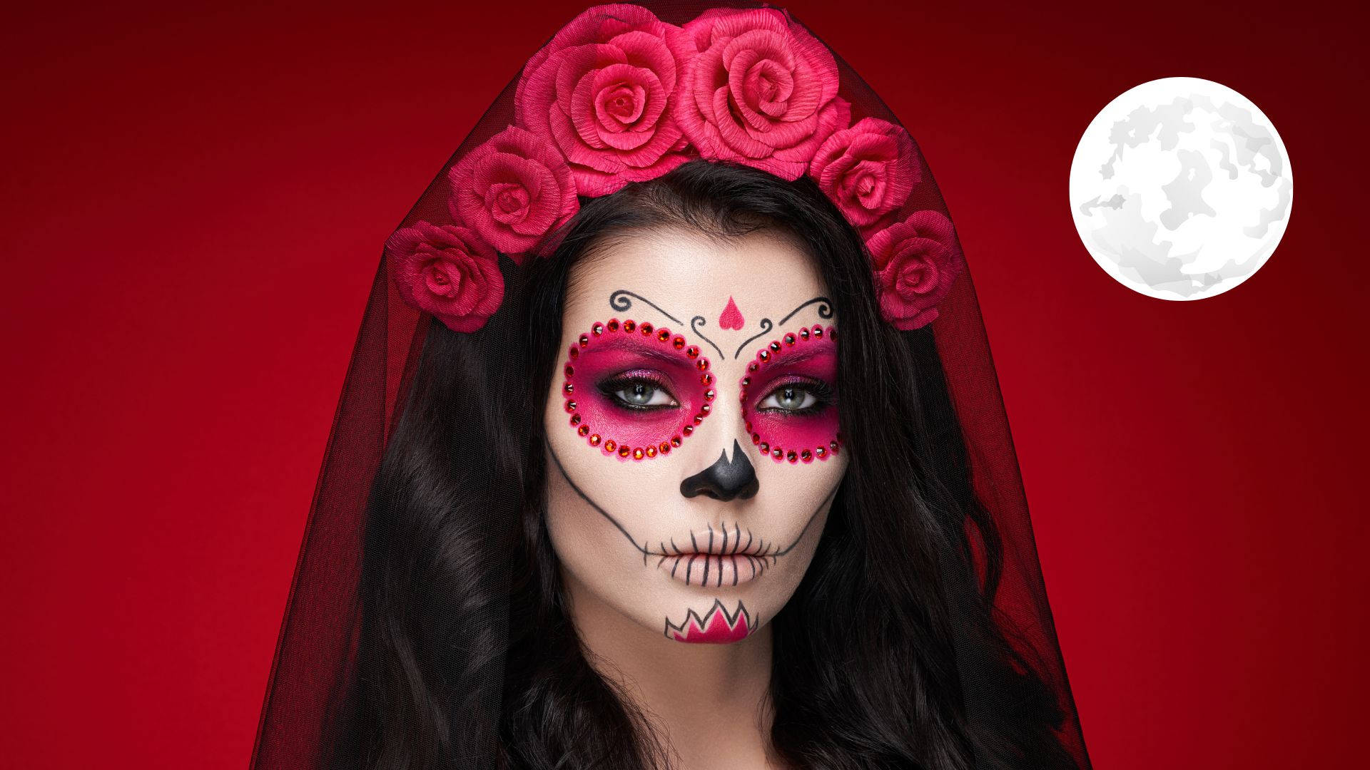 sugar skull makeup, red rose veil, deep red backdrop, Full HD Desktop Wallpaper