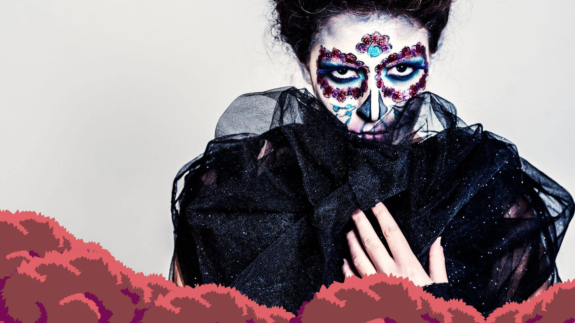 Chola Sugar Skulls, sugar skull makeup, black tulle gown, Full HD Desktop Wallpaper