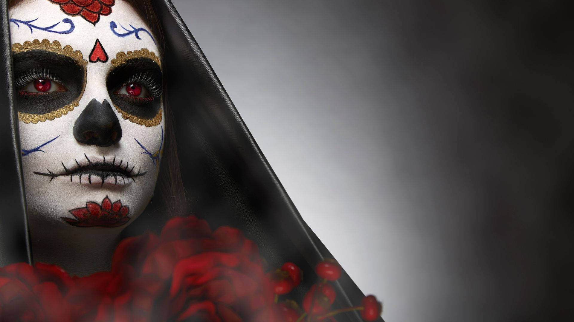 Chola Sugar Skulls, sugar skull makeup, red eyes, Full HD Desktop Wallpaper