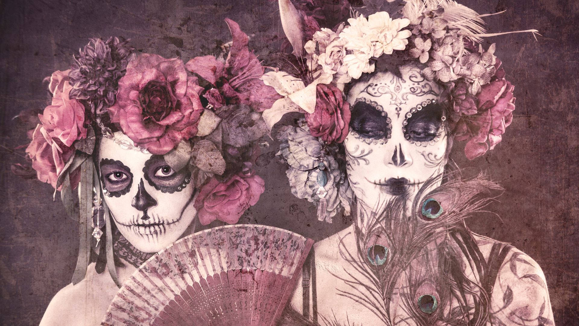 Chola Sugar Skulls, sugar skull makeup, vibrant floral crowns, Full HD Desktop Wallpaper
