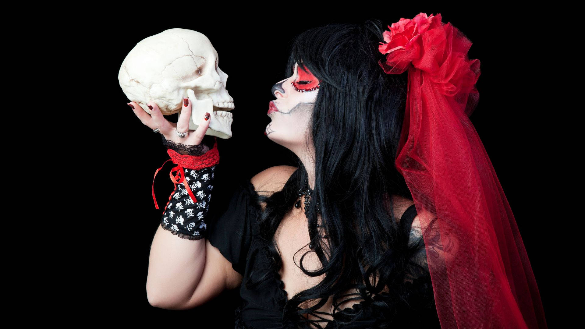 Chola Sugar Skulls, black lace, red veil, Full HD Desktop Wallpaper