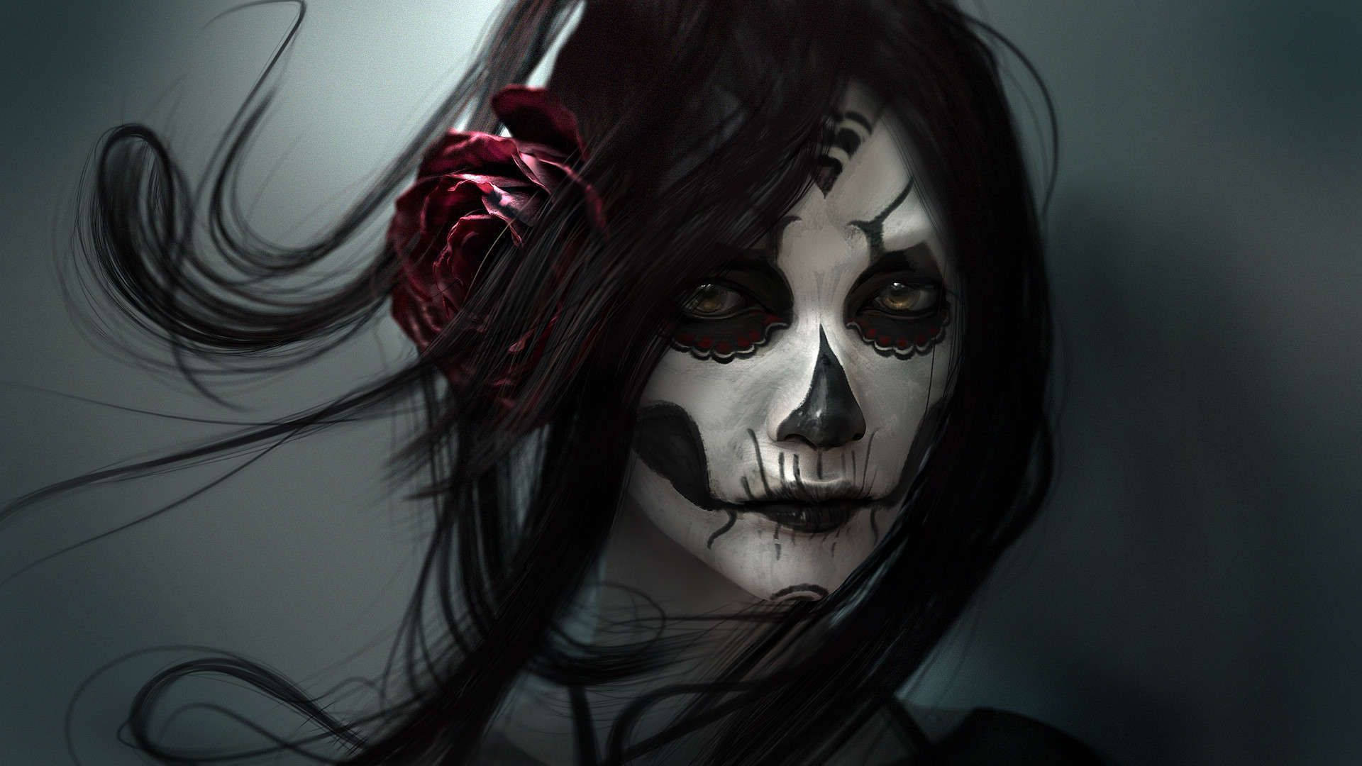 Chola Sugar Skulls, skull makeup, flowing dark hair, Full HD Desktop Wallpaper