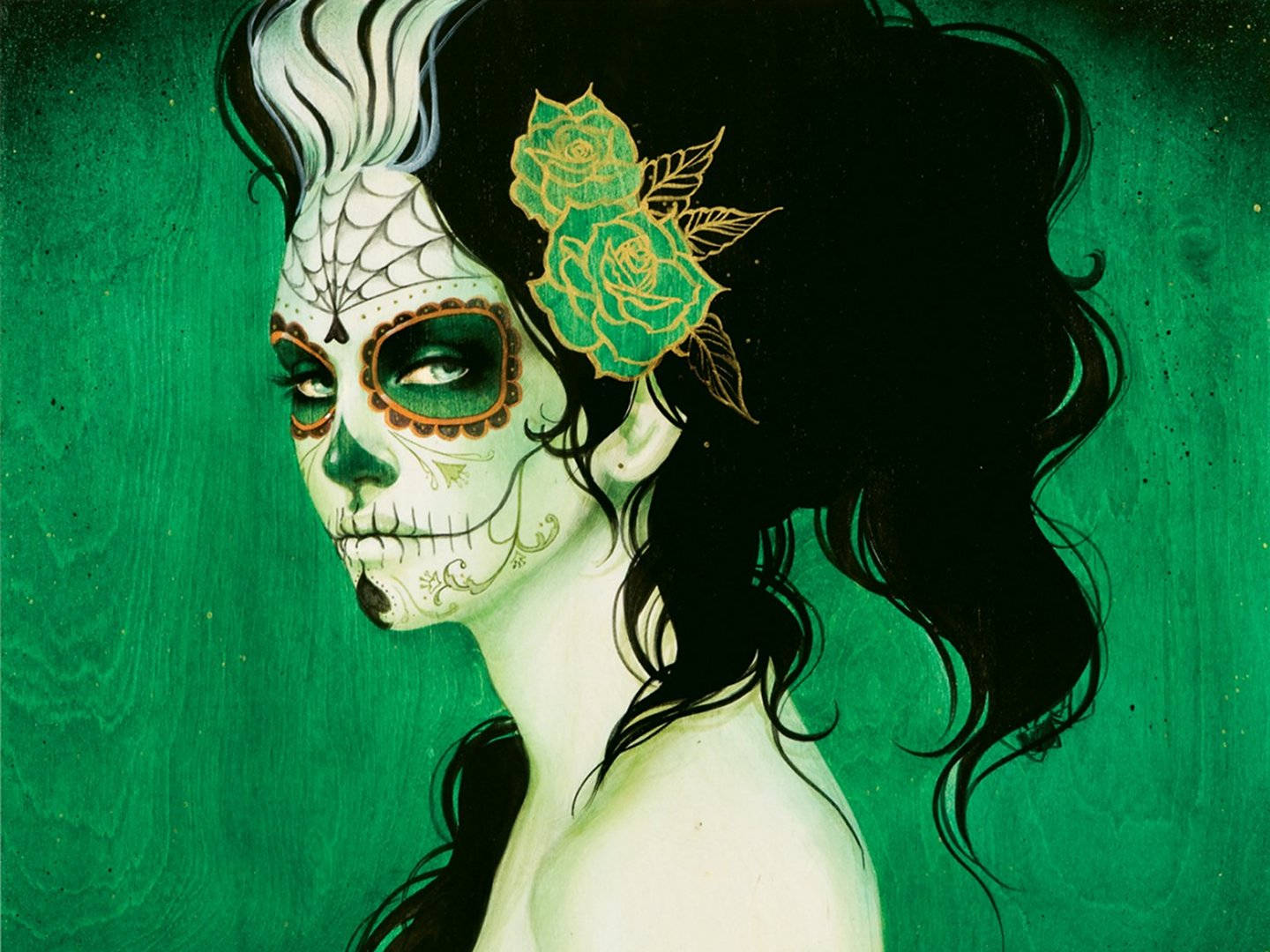 Chola Sugar Skulls, green roses, teal background, HD Desktop Wallpaper