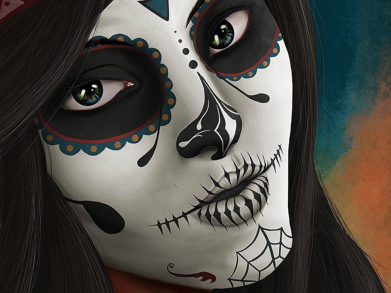 Chola Sugar Skulls, sugar skull makeup, black white and teal designs, HD Desktop Wallpaper