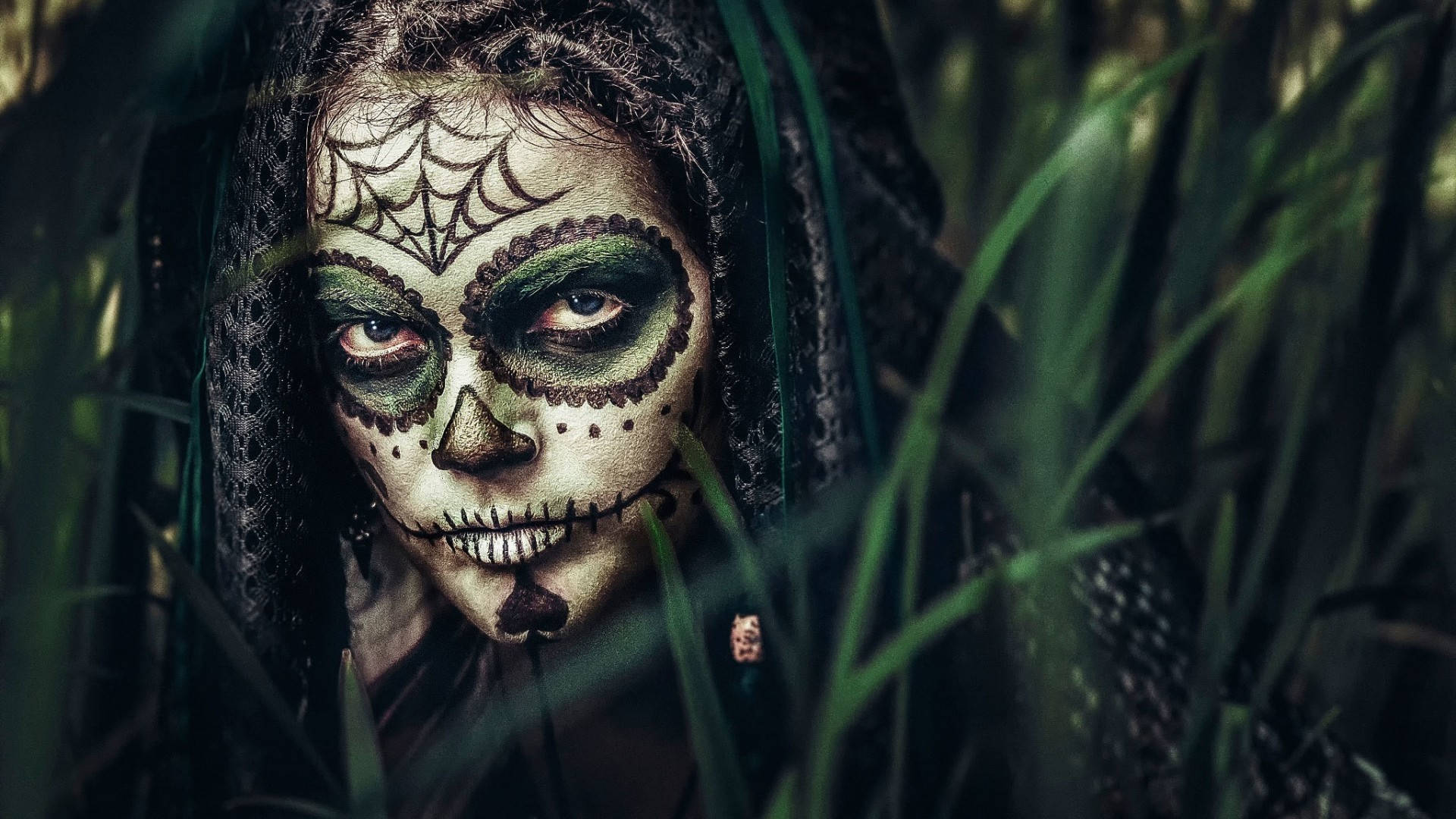 sugar skull makeup, tall grass, dark forest, Full HD Desktop Wallpaper