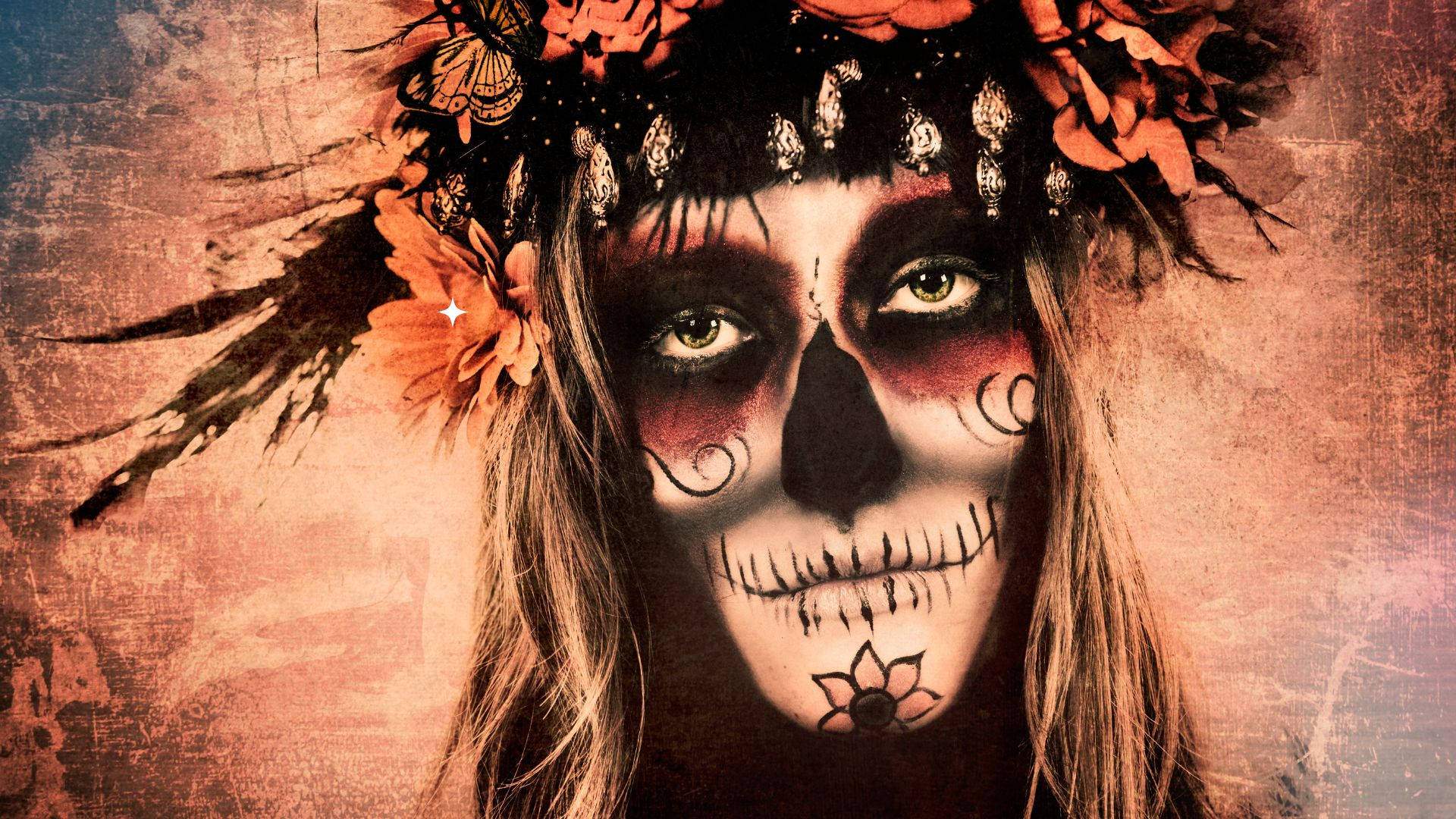 Chola Sugar Skulls, sugar skull makeup, orange flowers, Full HD Desktop Wallpaper