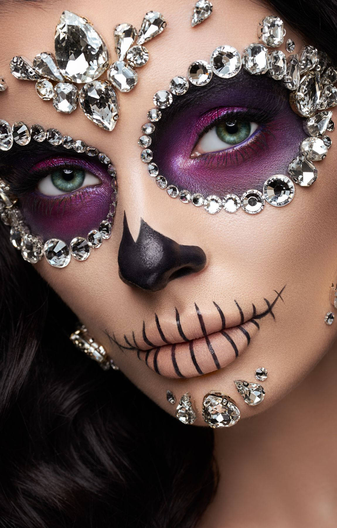 Chola Sugar Skulls, intricate sugar skull makeup, sparkling rhinestones, HD Phone Wallpaper