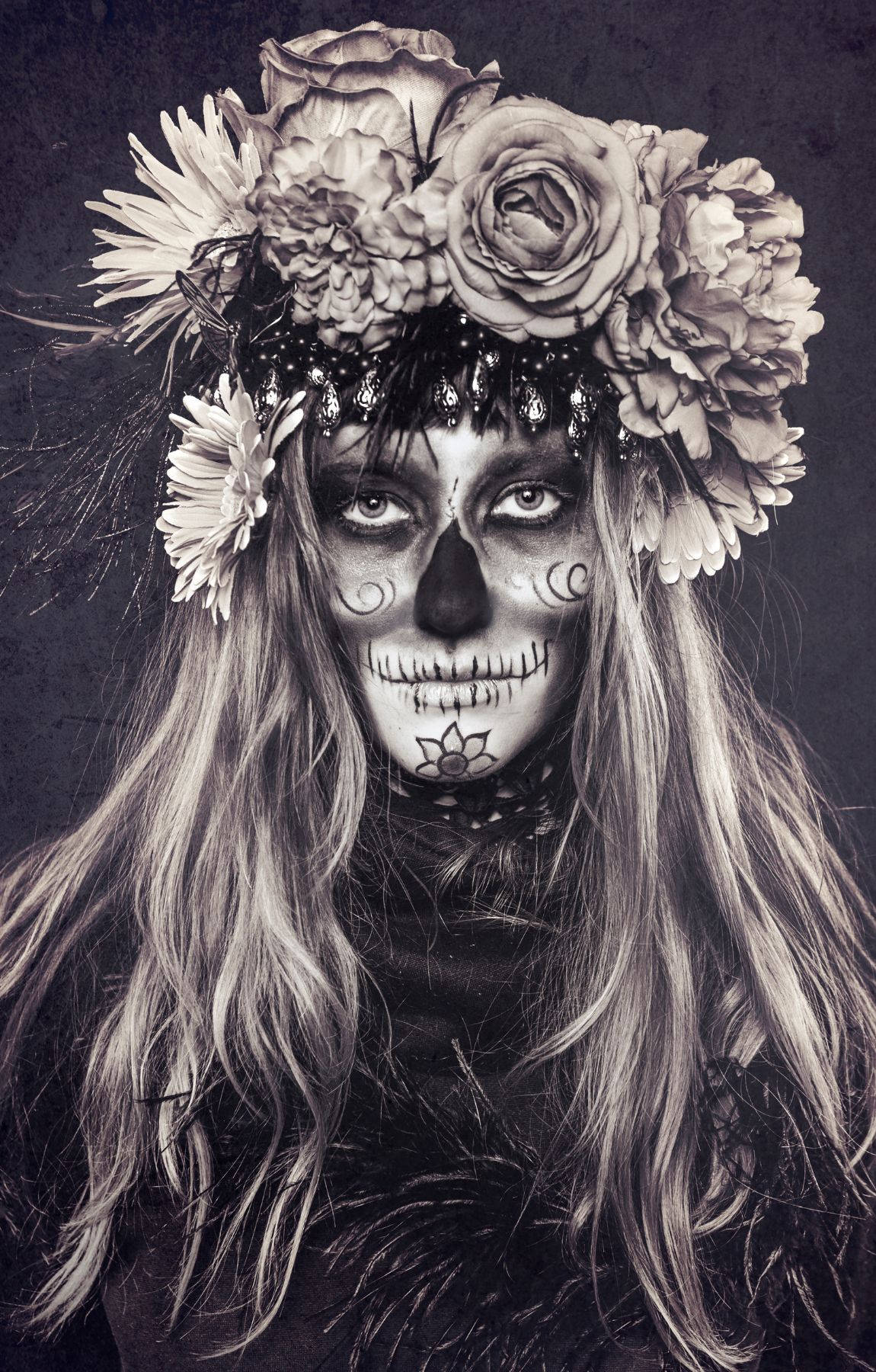 Chola Sugar Skulls, sugar skull makeup, floral crown, HD Phone Wallpaper