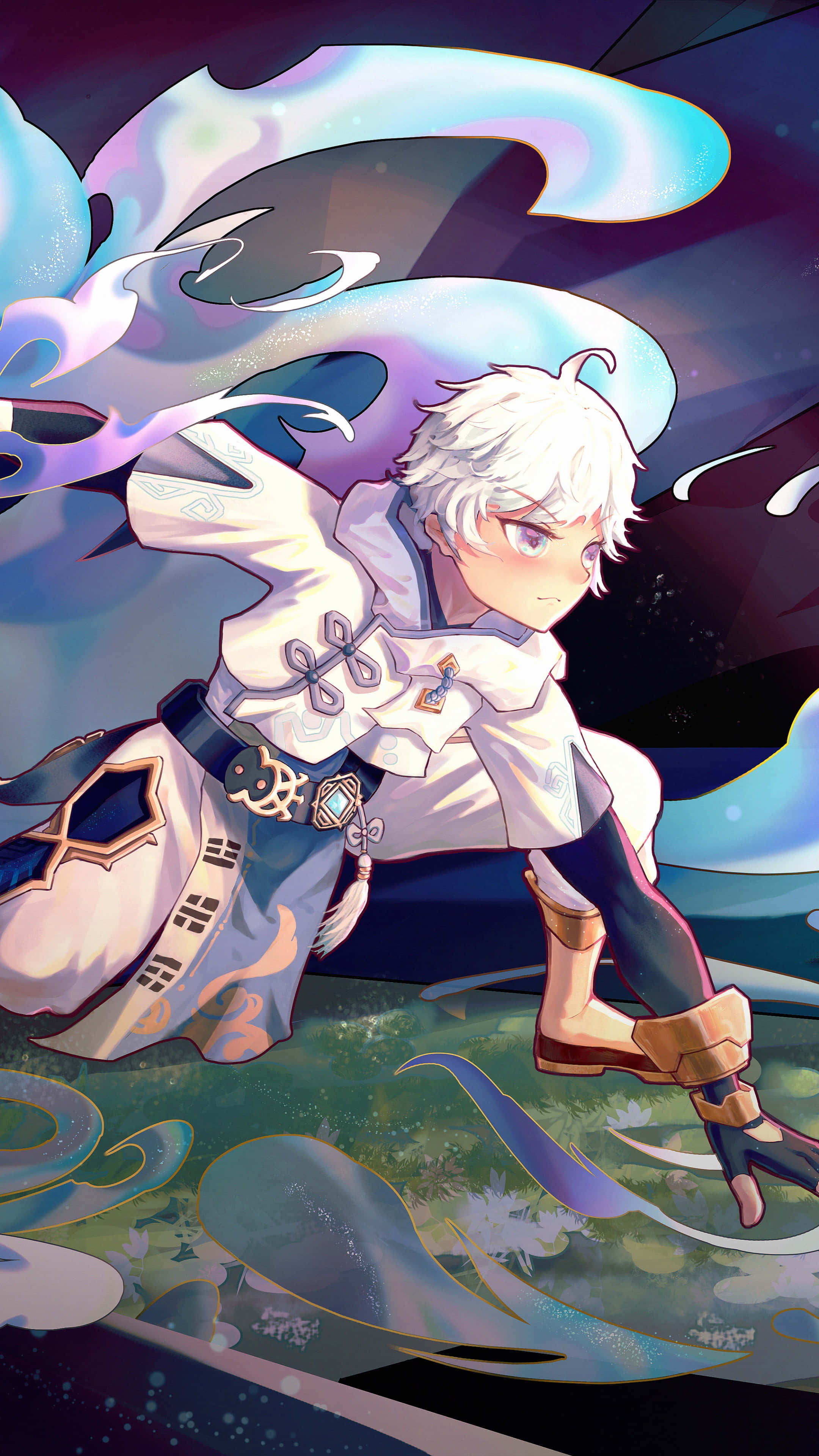 Chongyun, white hair, sword, 4K Phone Wallpaper
