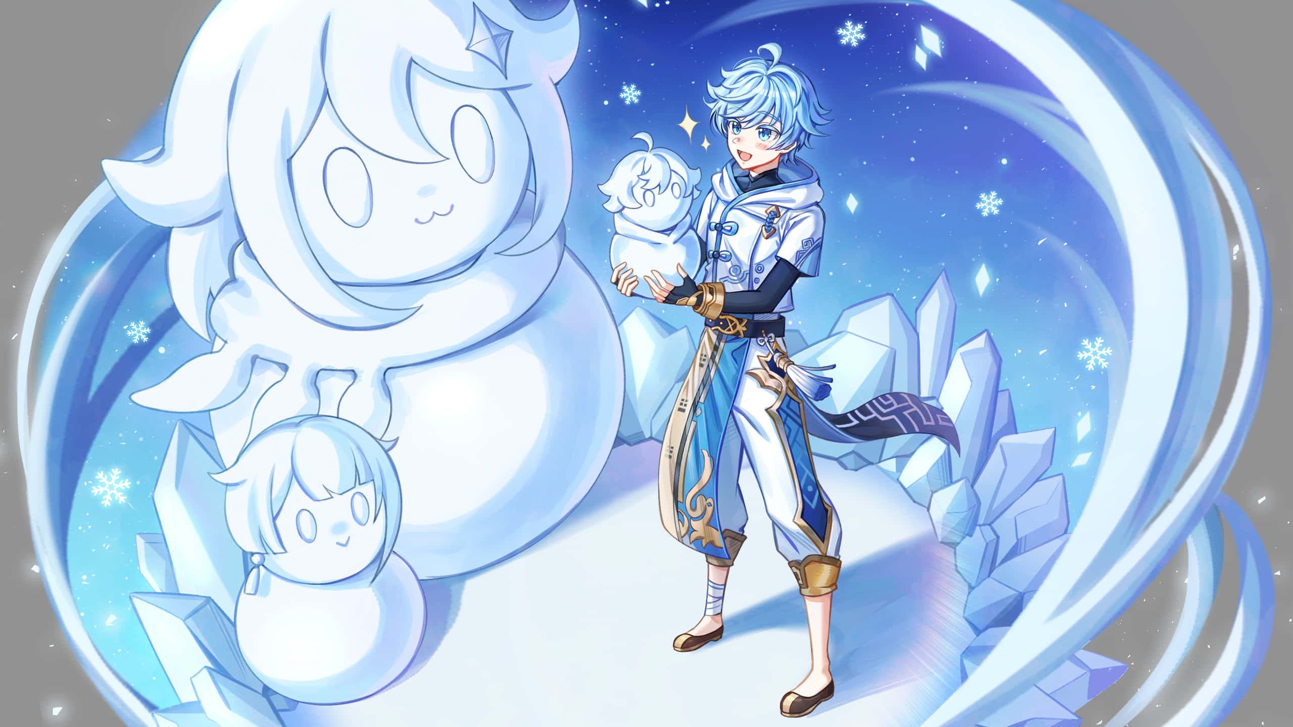 Chongyun, blue-haired anime character, icy armor, 2K Desktop Wallpaper