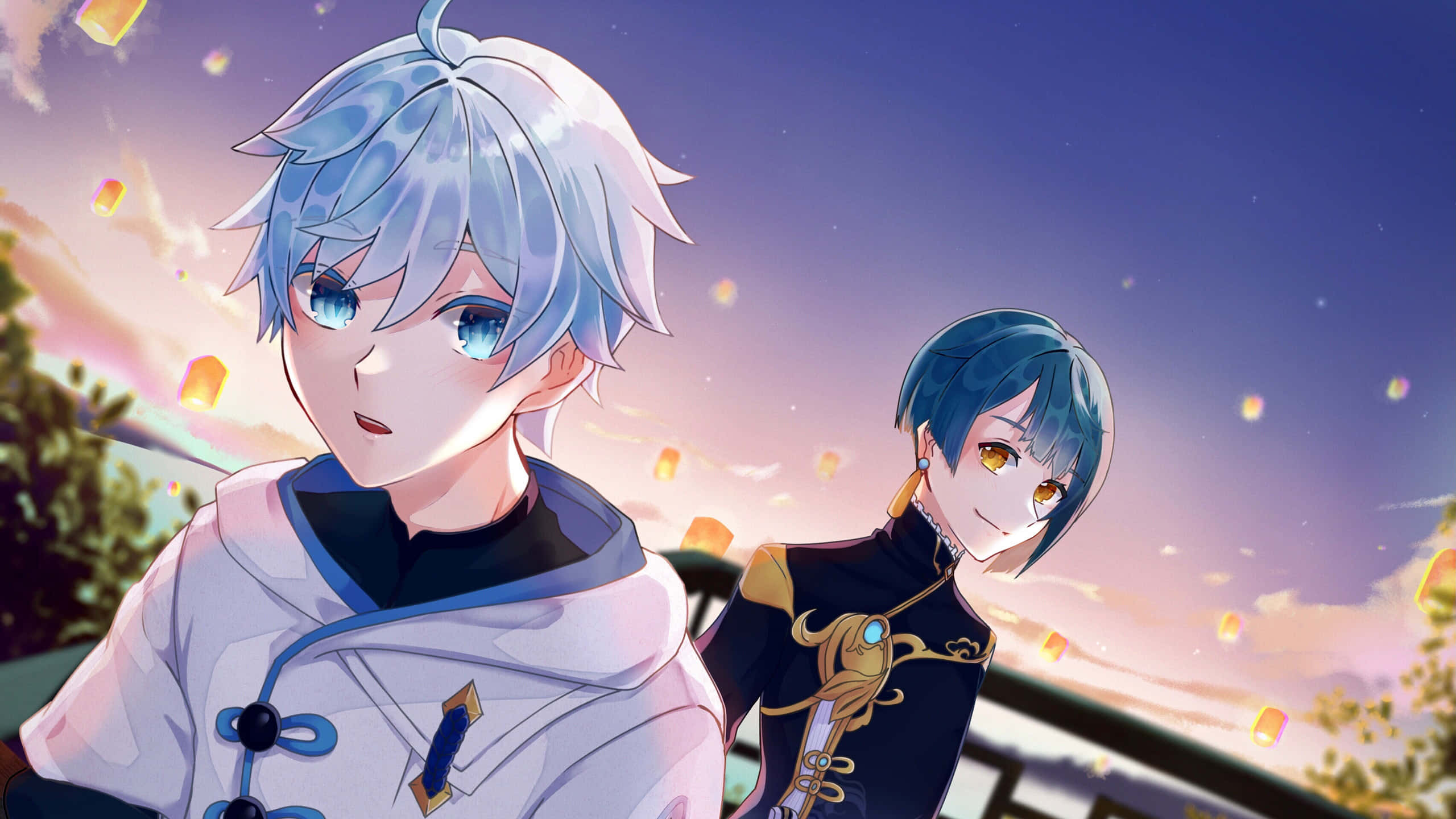 Chongyun, blue hair, balcony, 2K Desktop Wallpaper