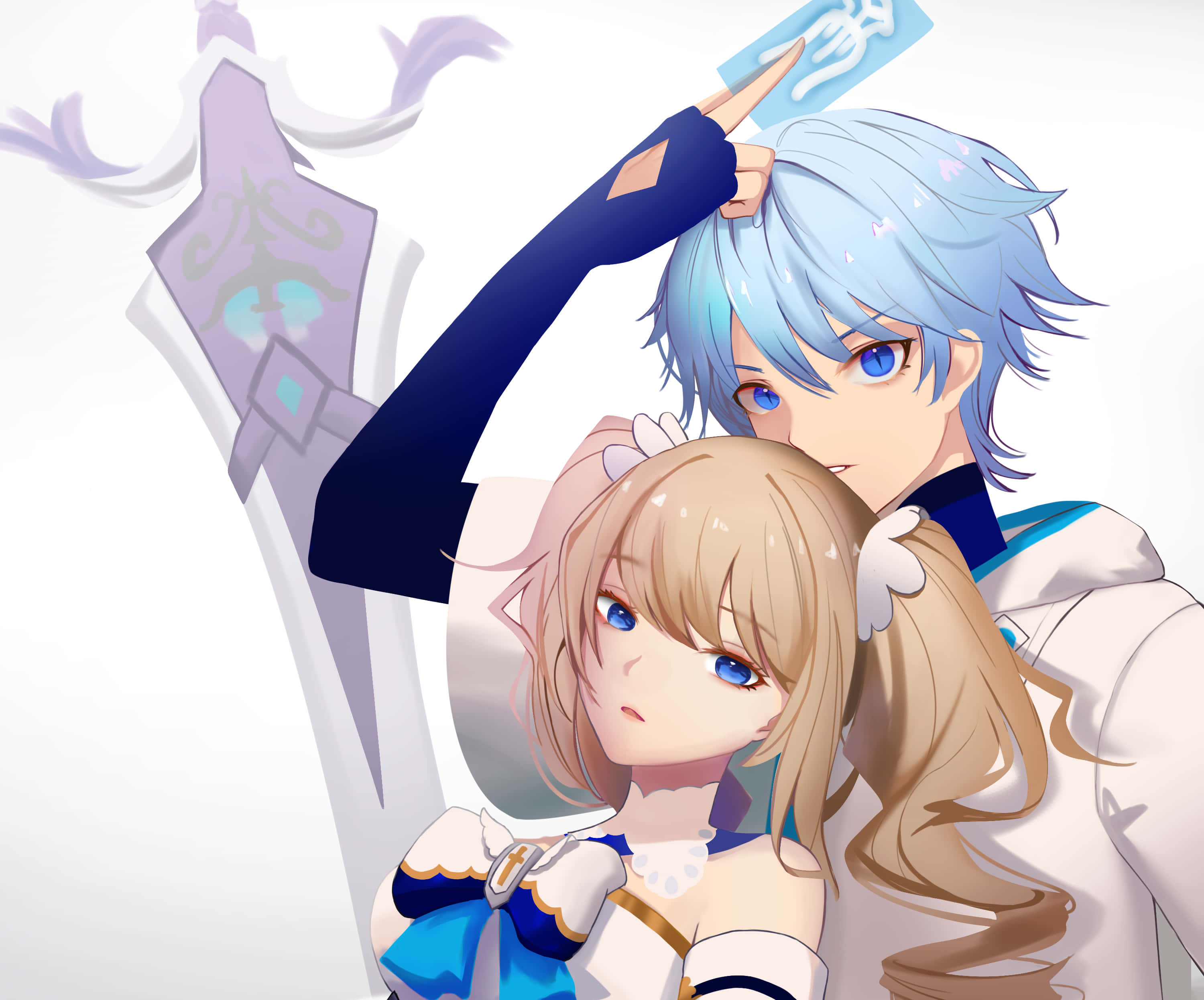 Chongyun, blue-haired anime boy, sword, 2K Desktop Wallpaper
