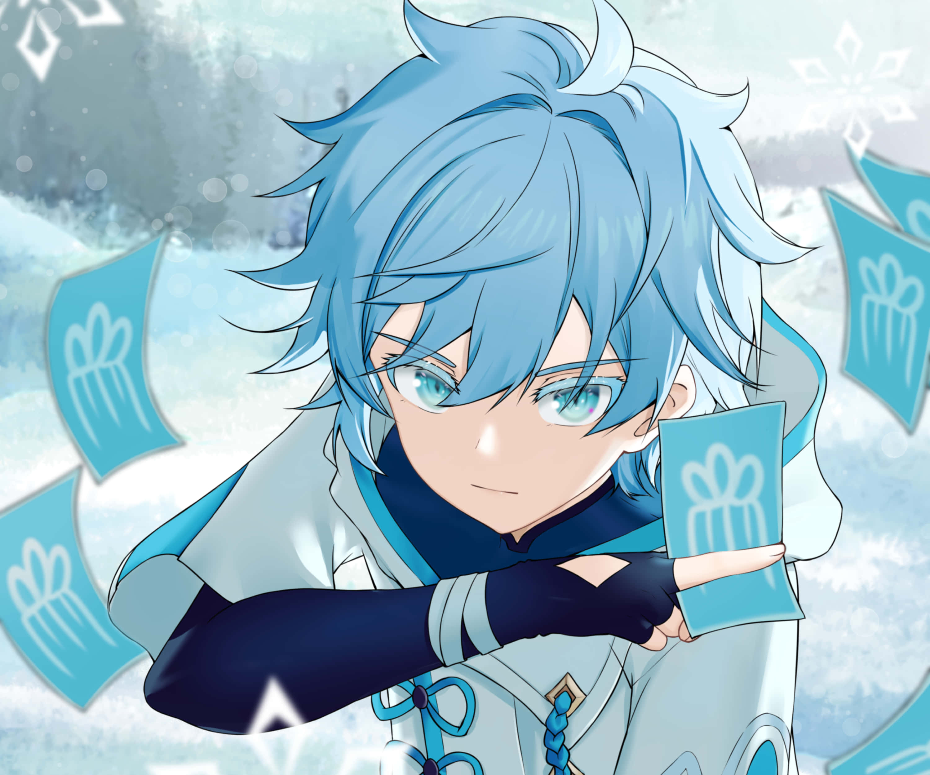Chongyun, blue-haired anime boy, winter gear, 2K Desktop Wallpaper