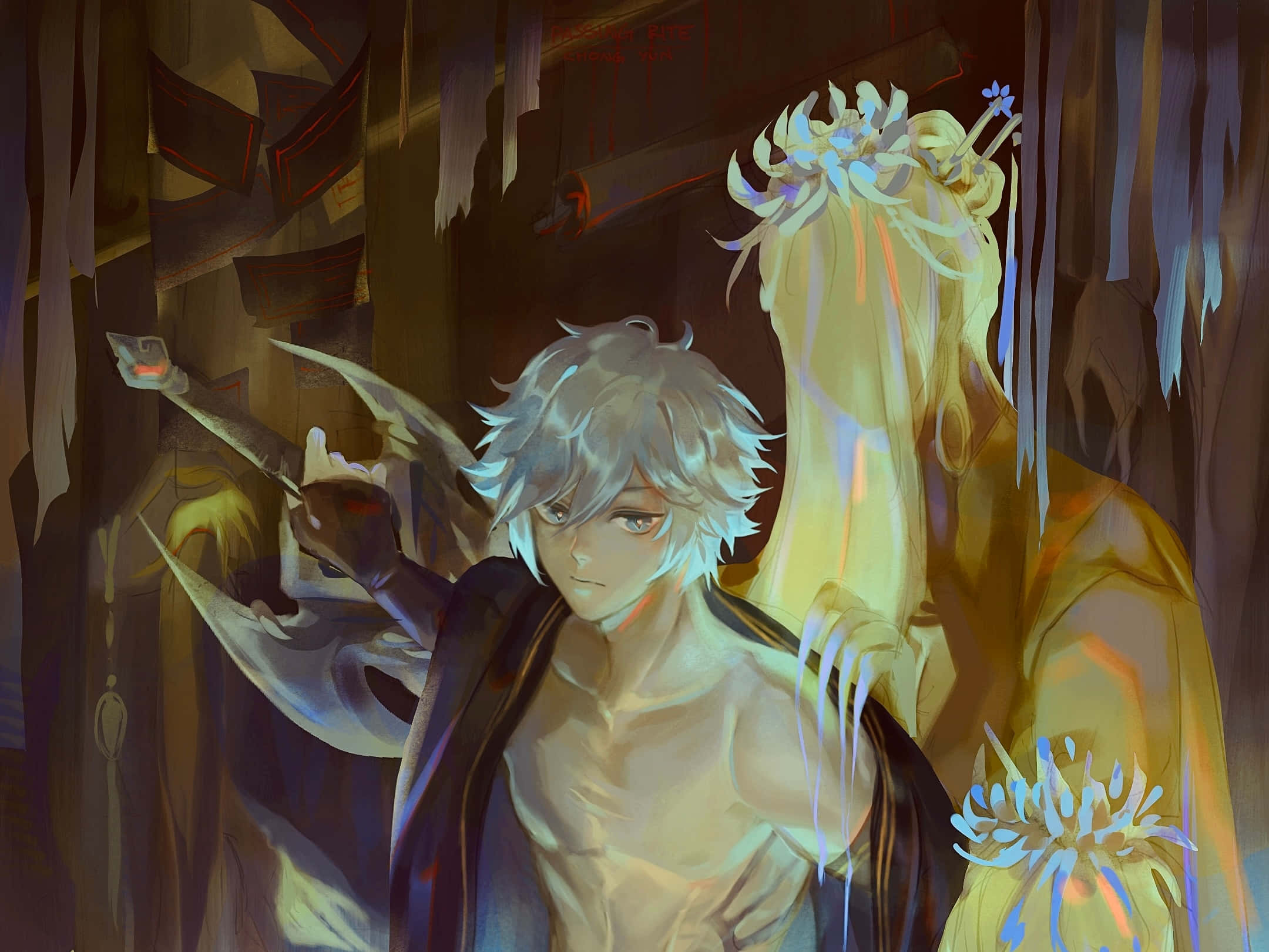 Chongyun, silver-haired anime warrior, glowing blade, Full HD Desktop Wallpaper