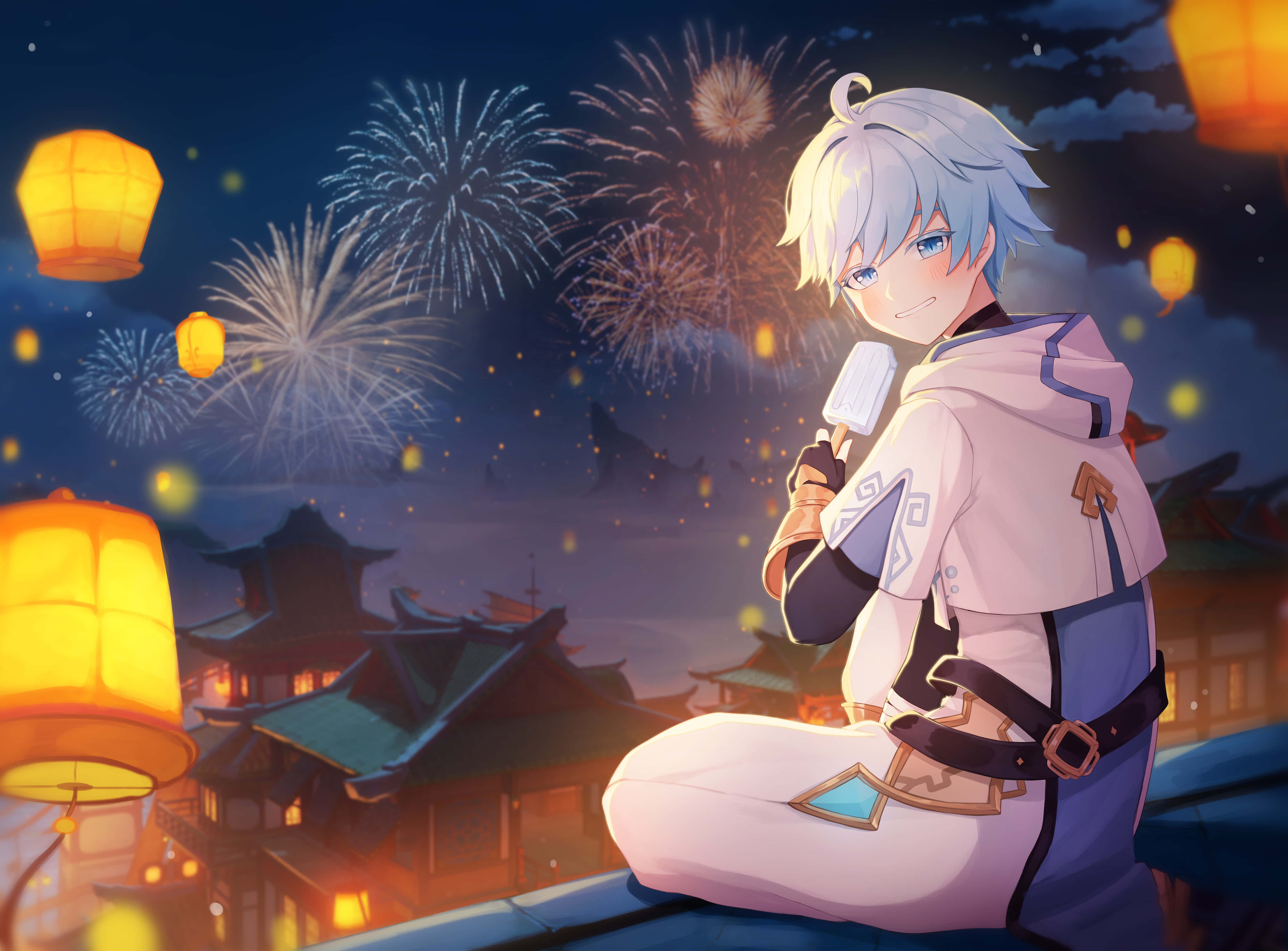 Chongyun, silver-haired anime boy, fireworks, 4K Desktop Wallpaper