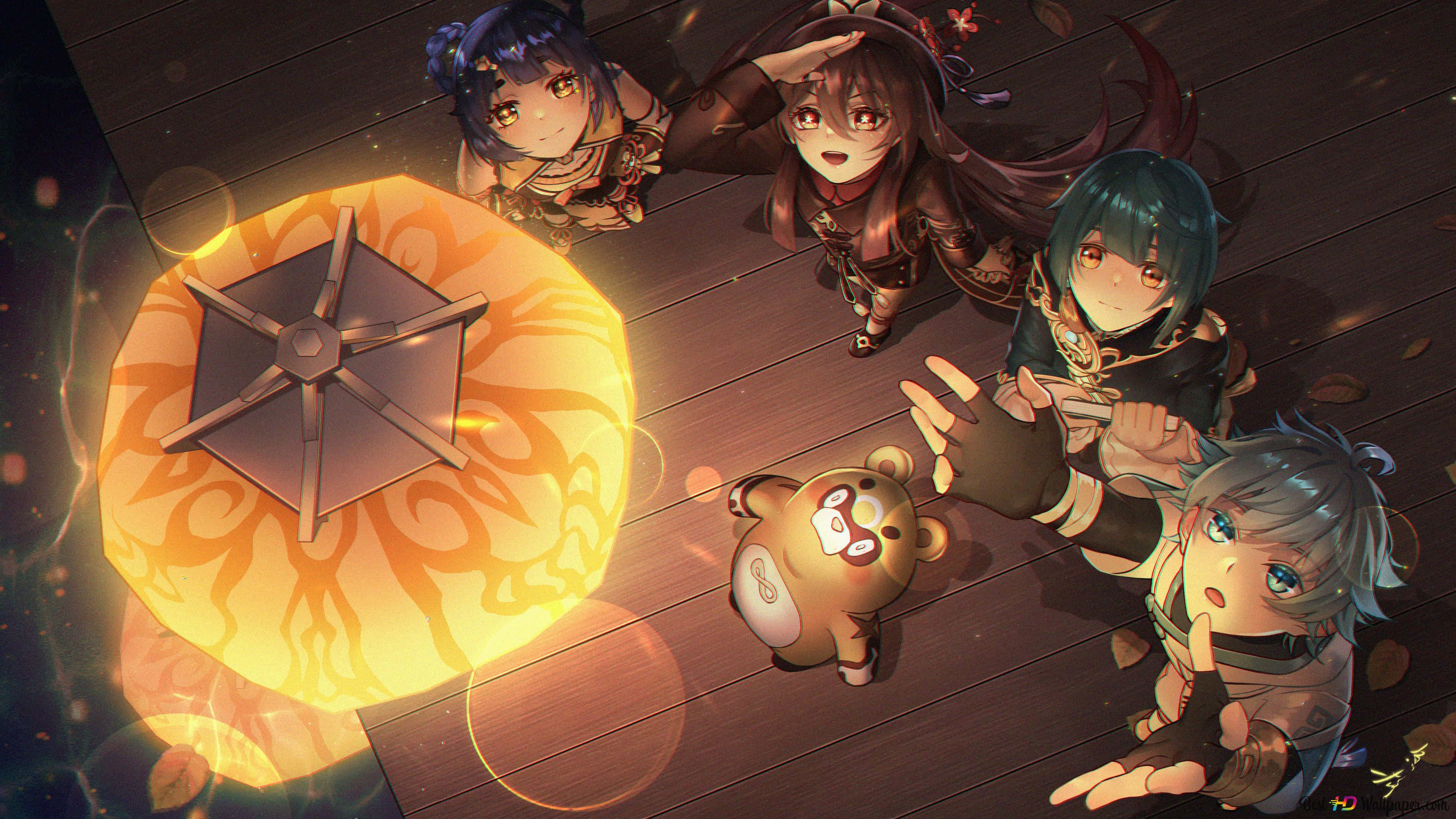 Chongyun, wooden deck, glowing ornate lantern, 4K Desktop Wallpaper