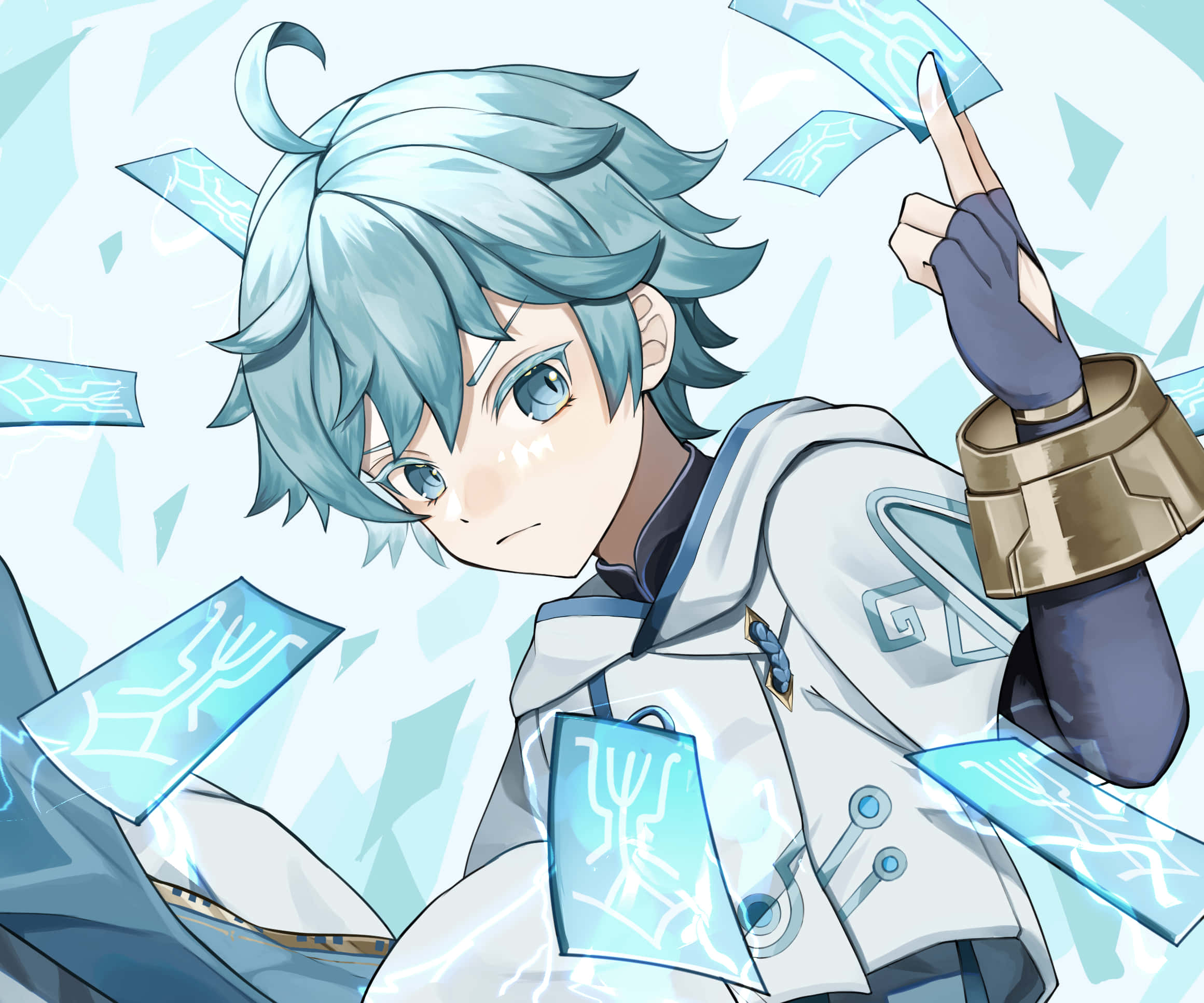 Chongyun, blue-haired anime boy, white armor, Full HD Desktop Wallpaper
