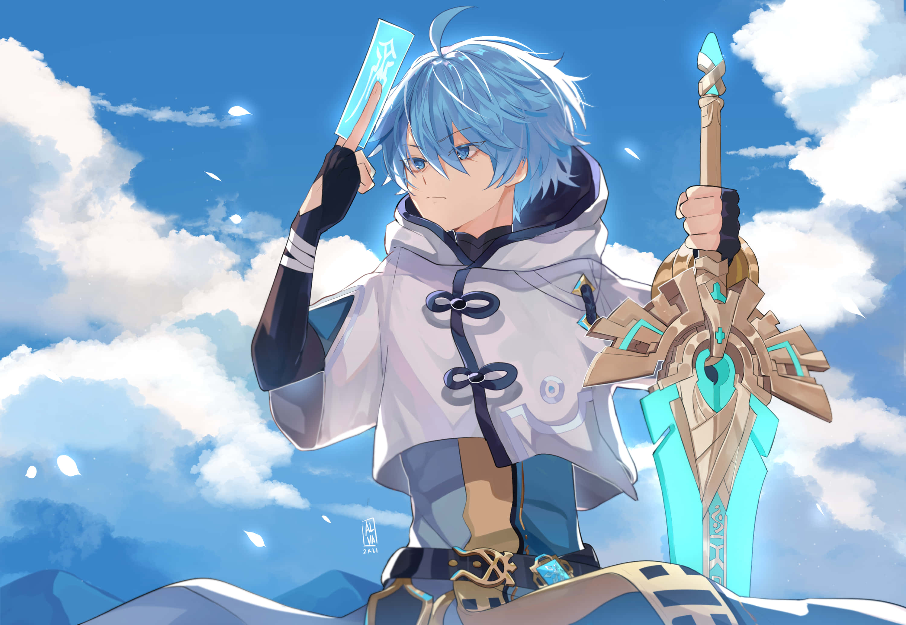 Chongyun, blue-haired anime warrior, snowy peaks, 2K Desktop Wallpaper