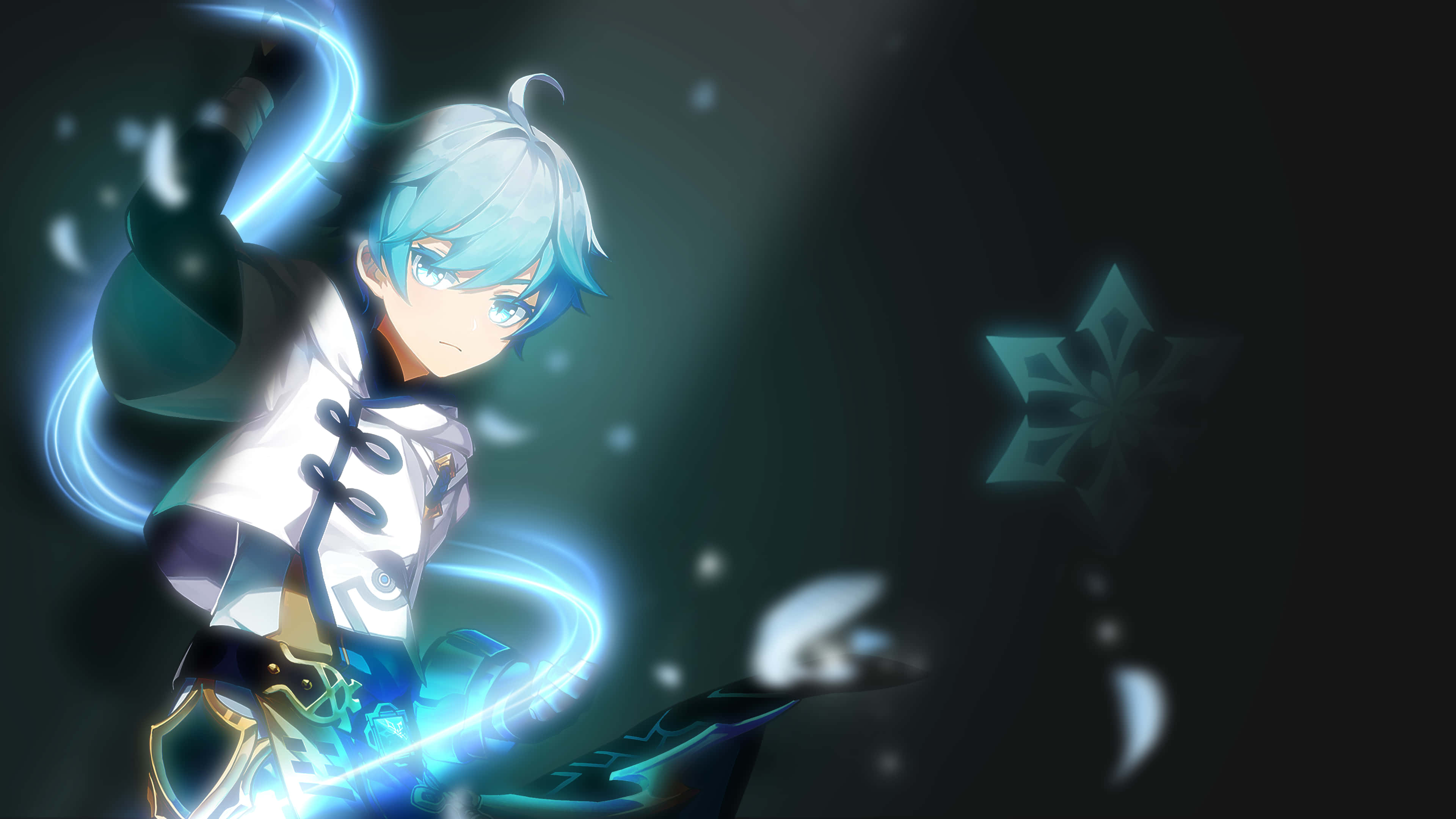 Chongyun, blue-haired anime boy, glowing ice magic, 4K Desktop Wallpaper