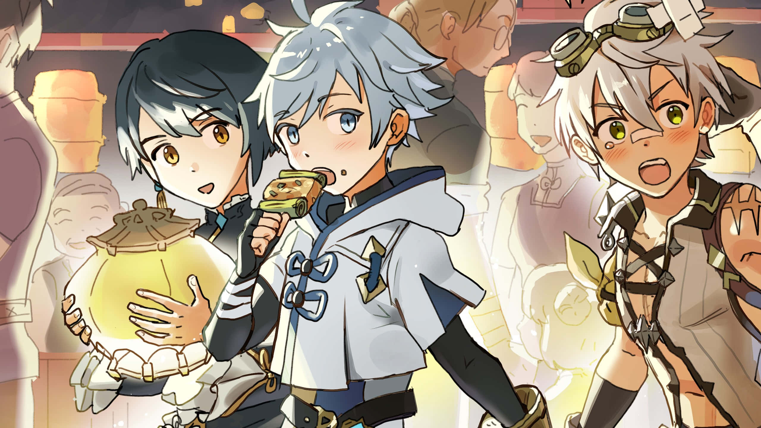 Chongyun, silver and black hair, bustling market scene, 2K Desktop Wallpaper