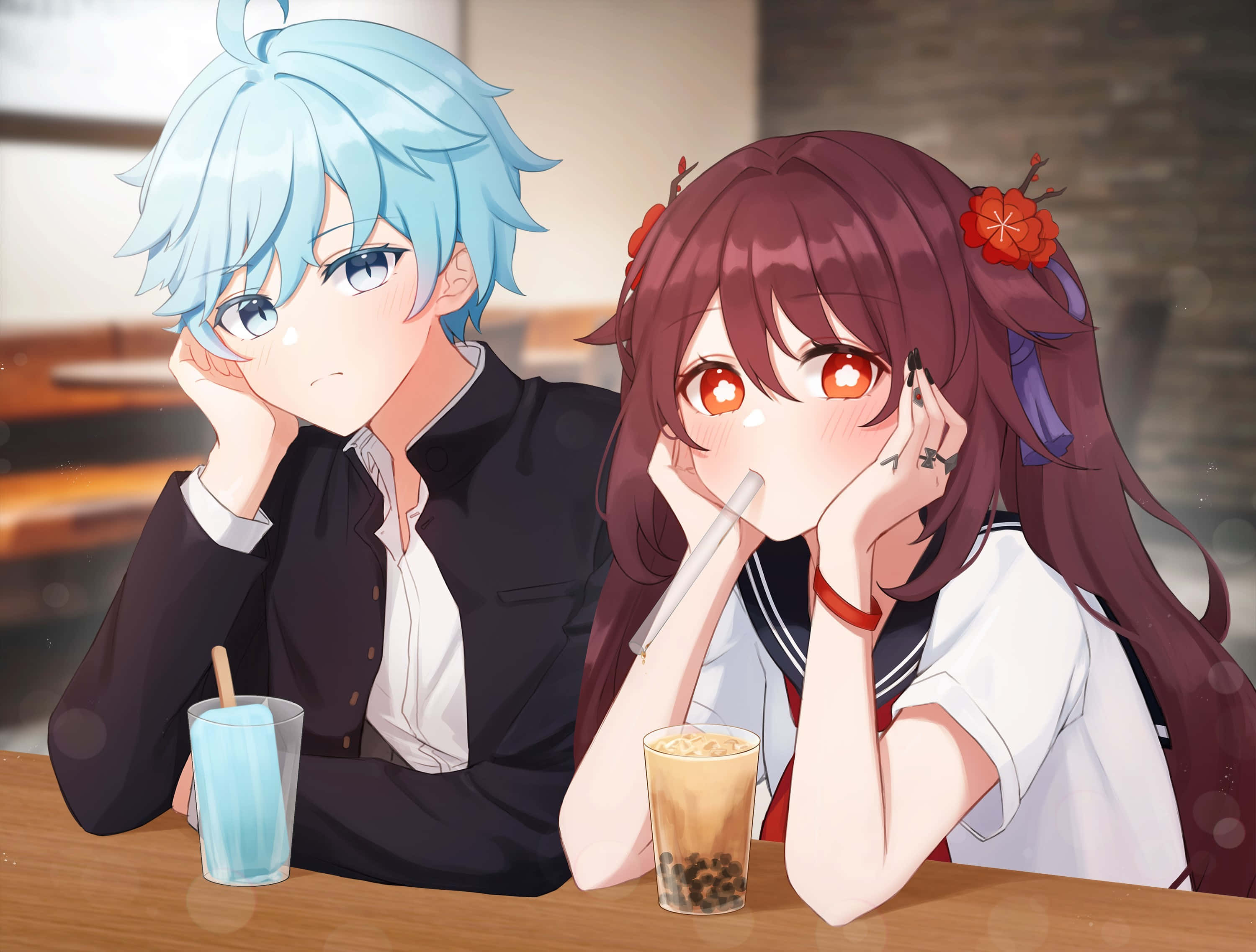 Chongyun, anime teens, bubble tea, 2K Desktop Wallpaper