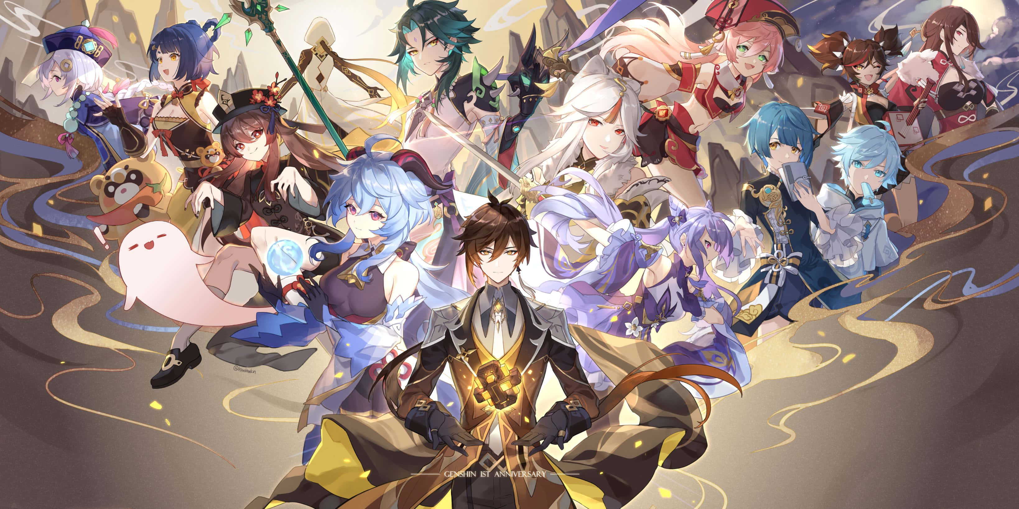 Chongyun, anime group, colorful outfits, 2K Desktop Wallpaper