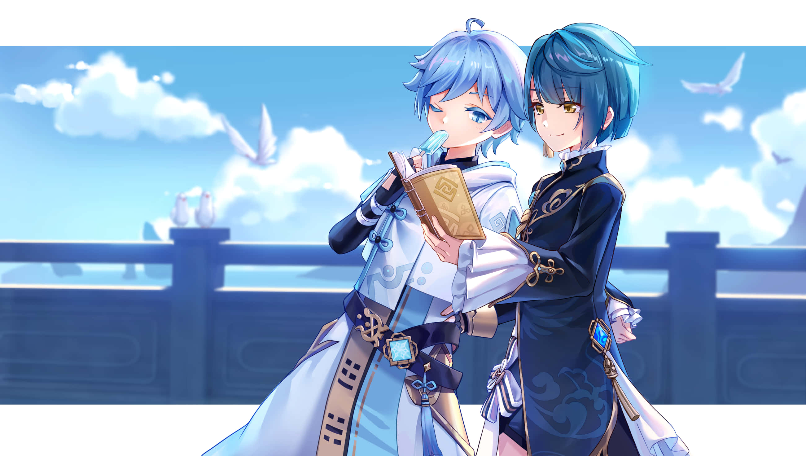 Chongyun, blue hair, balcony, 2K Desktop Wallpaper