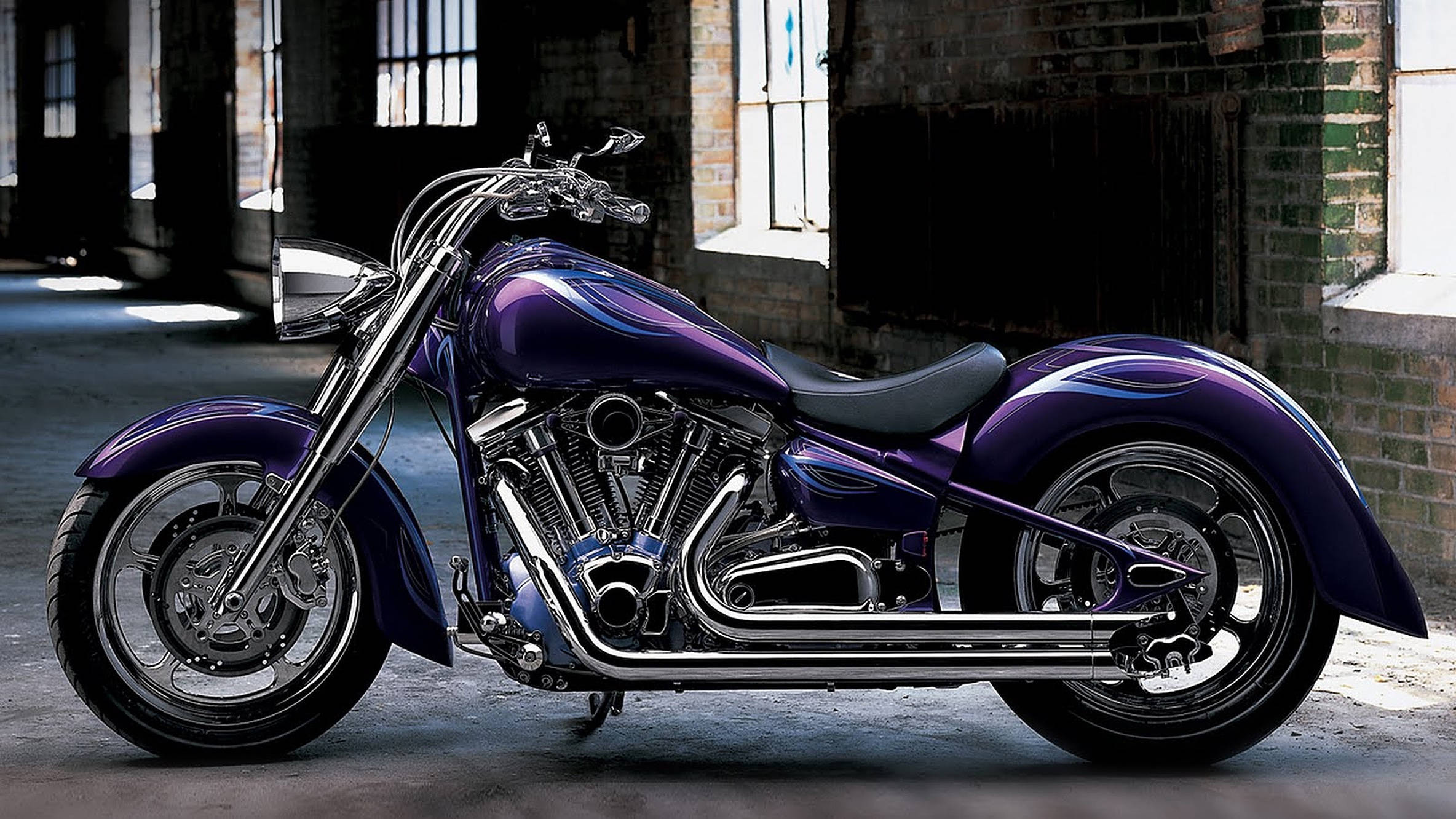 glossy purple chopper motorcycle, chrome accents, sunlit abandoned brick warehouse, Full HD Desktop Wallpaper