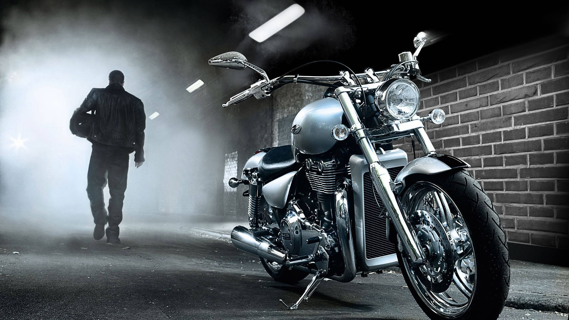 chrome motorcycle, leather jacket, harsh lights, Full HD Desktop Wallpaper